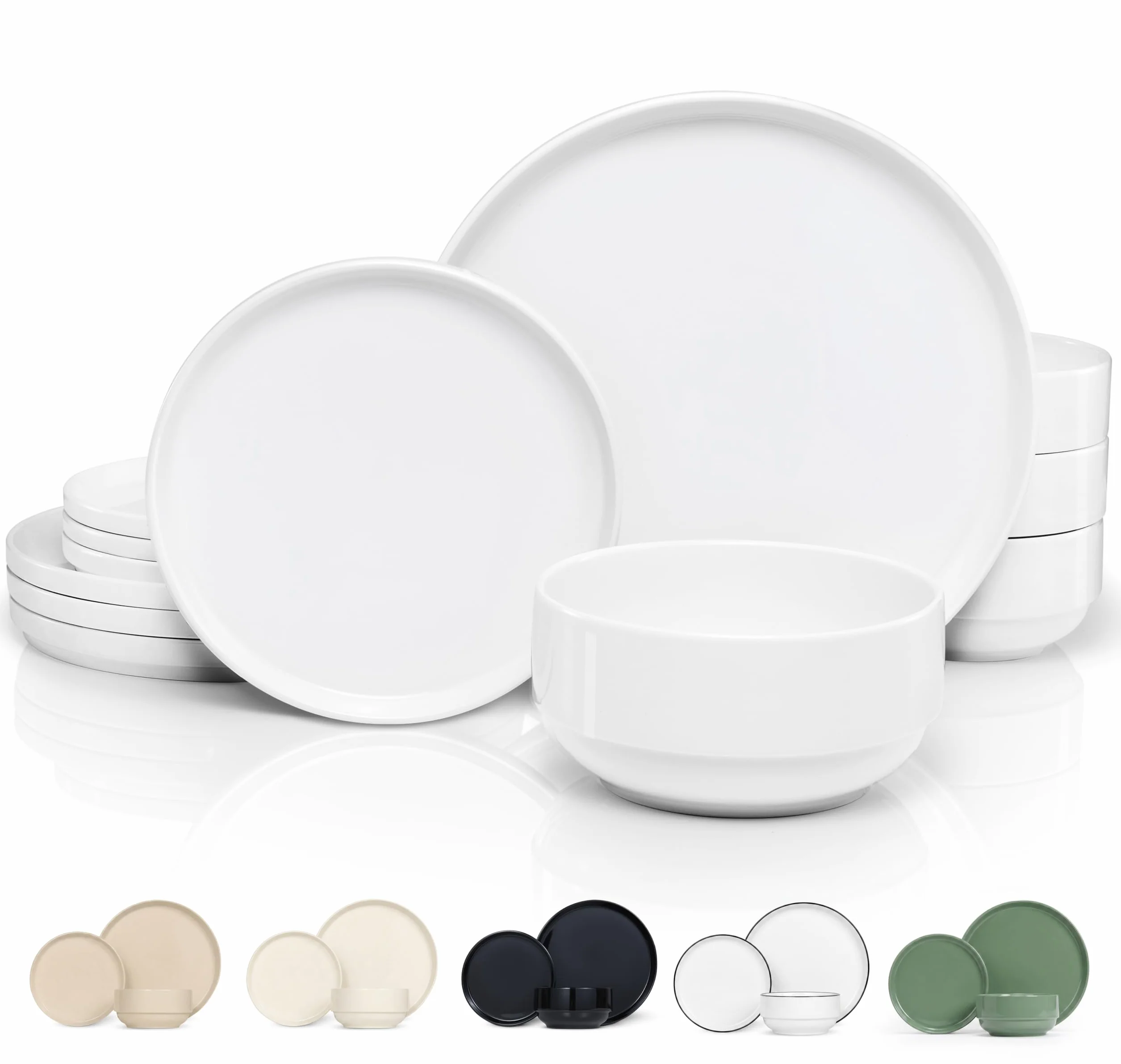 Kook Ceramiczny zestaw zastawy stołowej, 12-częściowy serwis dla 4 osób, miski do zupy (893 g), talerze sałatkowe (19 cm), talerze obiadowe (26,7 cm), okrągłe, nadają się do kuchenki mikrofalowej i