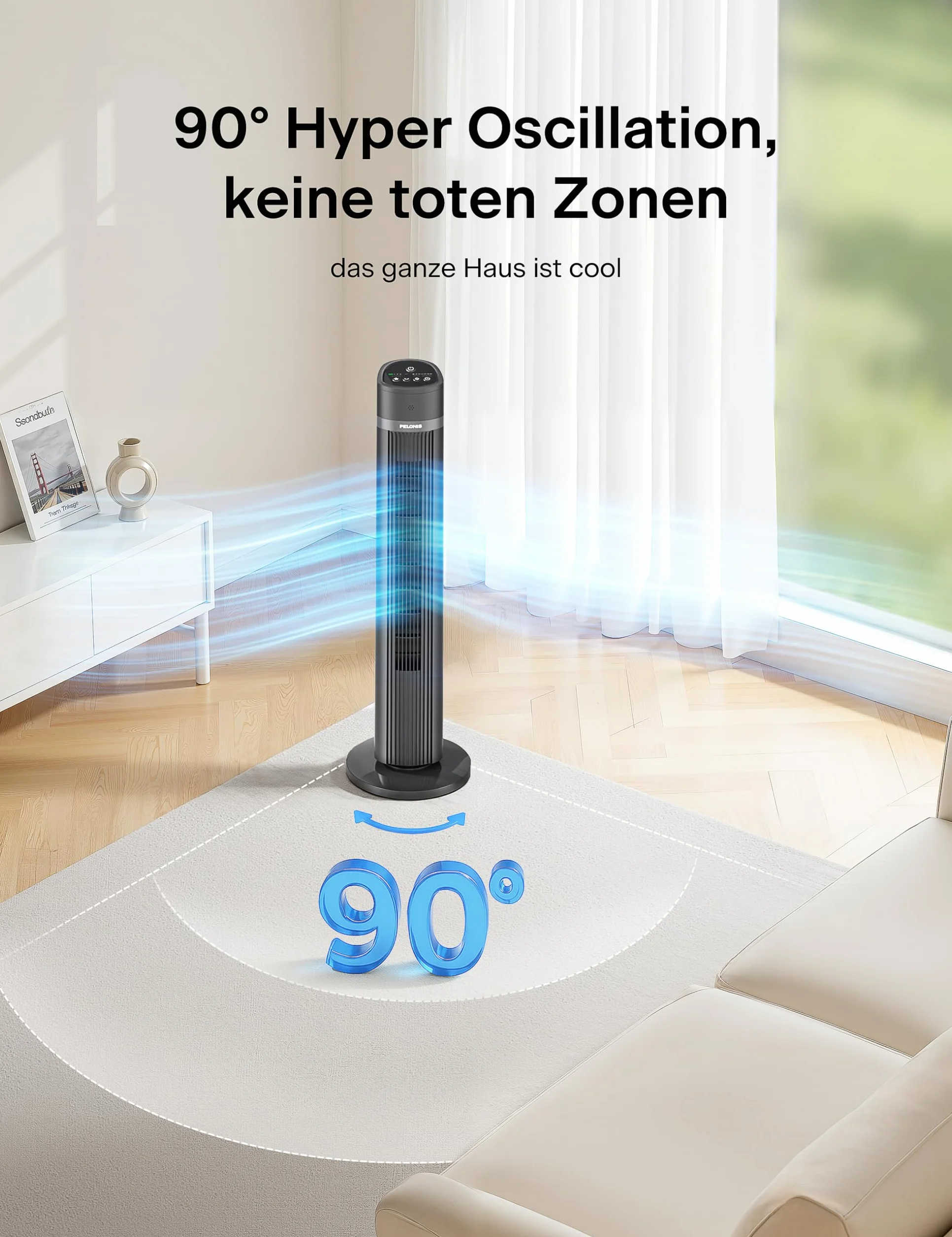 PELONIS Wentylator kolumnowy, stojący, z pilotem zdalnego sterowania, 4 stopnie prędkości i 3 tryby wentylacji, cichy mobilny wentylator z timerem i oscylacją 90°