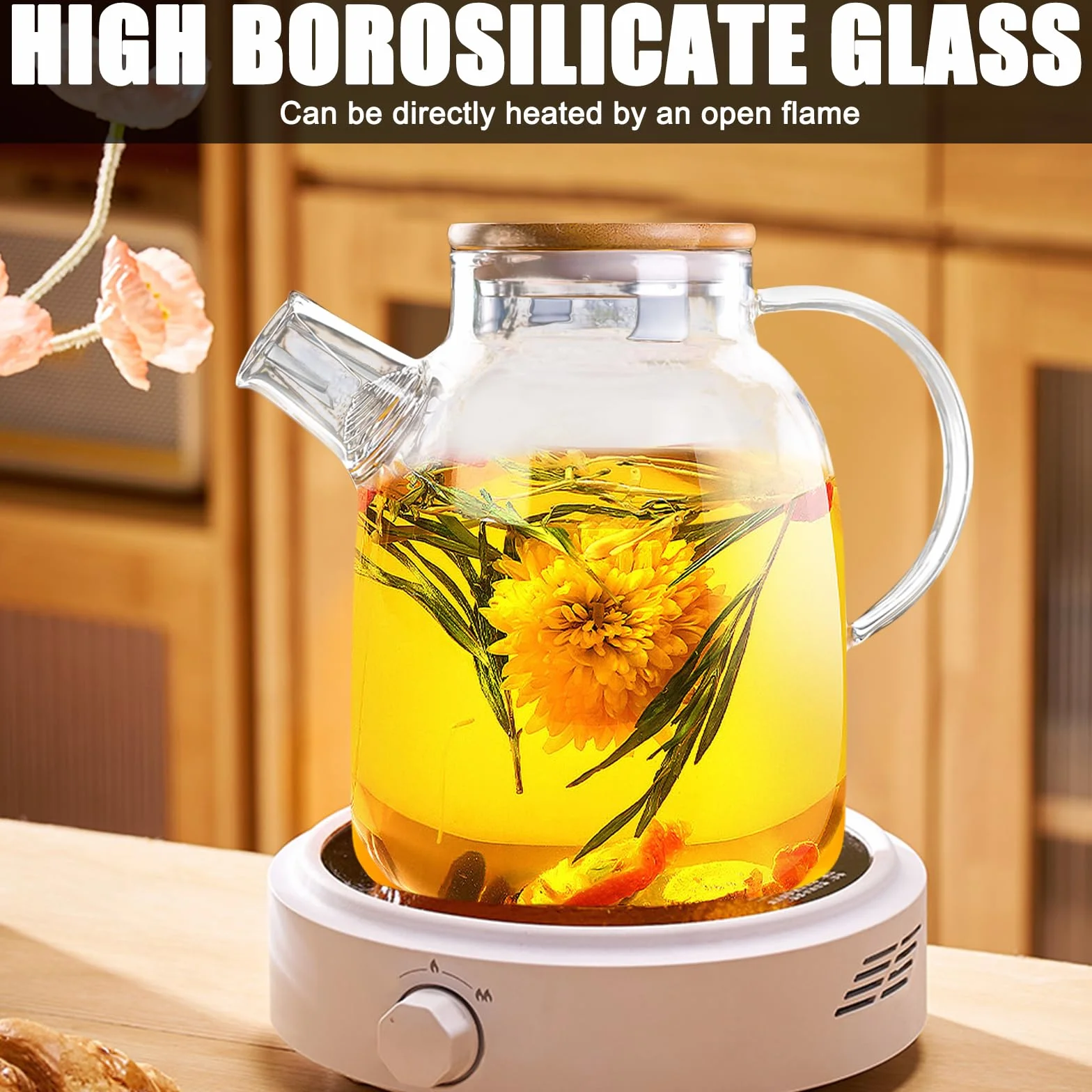Szklany dzbanek do herbaty 1,6 l ze szczotką do czyszczenia, bambusową pokrywką, zestaw ze szkła borokrzemowego