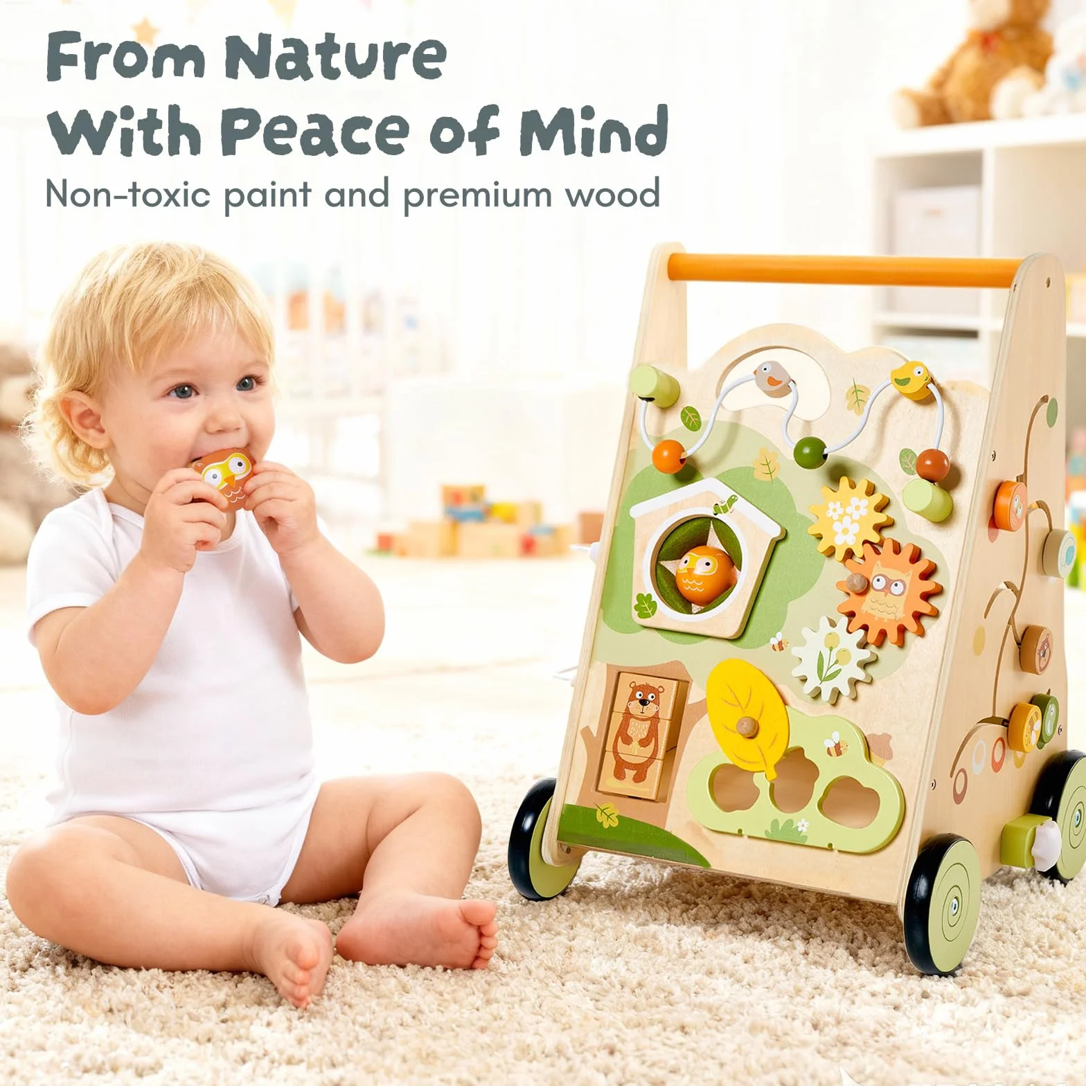 Drewniany chodzik dla dzieci Wooden Push Walker Wielokolorowy – Zabawka i pomoc w nauce chodzenia z centrum aktywności 8-w-1, regulowana prędkość i antypoślizgowe kółka dla dzieci od 1 roku życia