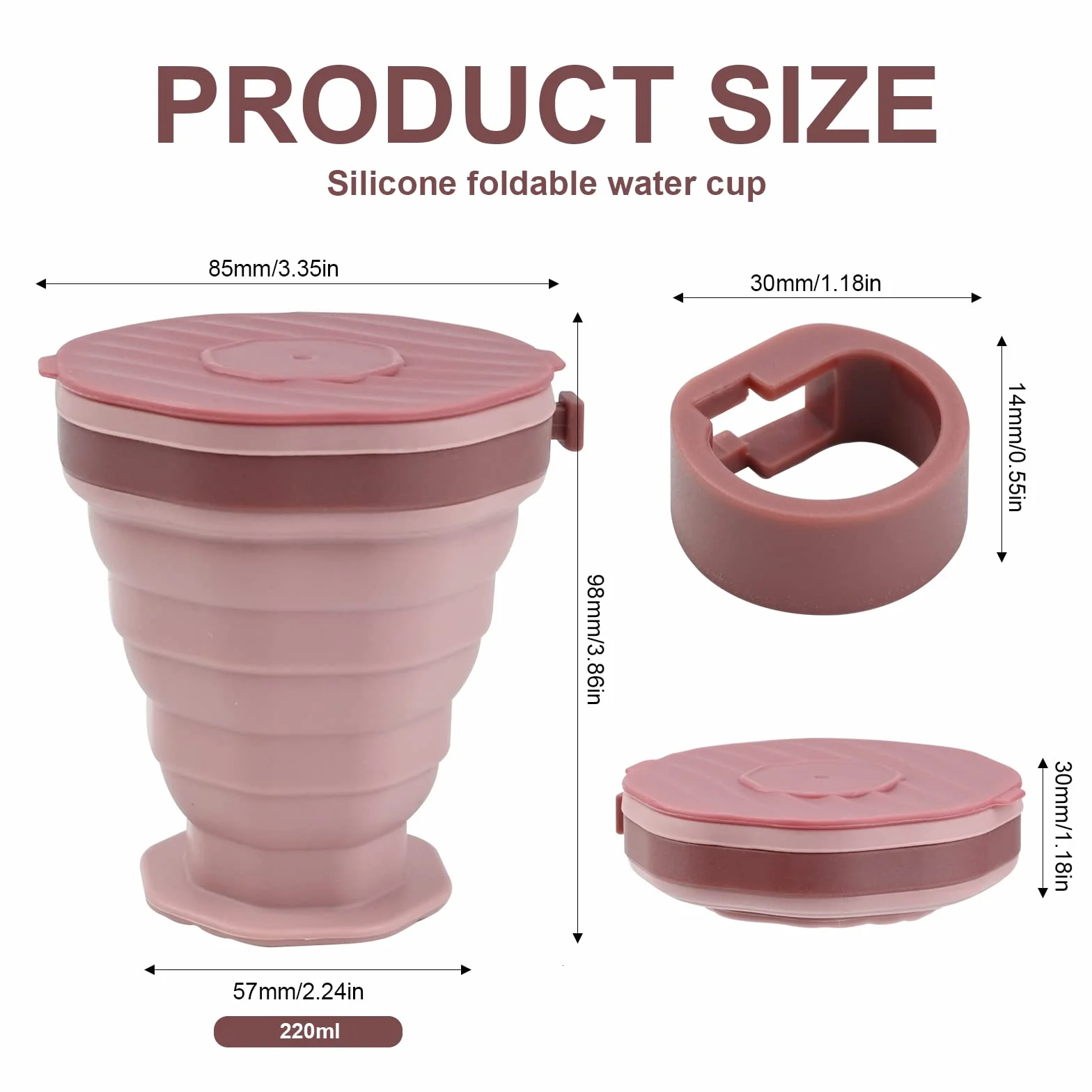 Silikonowy składany kubek 220 ml, nie zawiera BPA, przenośny, składany kubek podróżny z pokrywką uszczelniającą, lekkie kubki silikonowe, na kemping, podróż, piknik (różowo-szare)