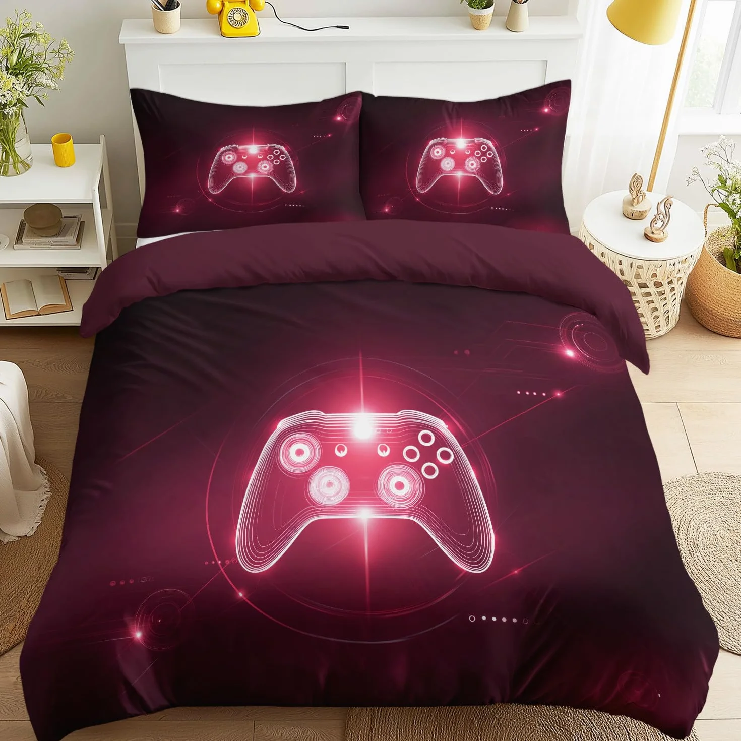 Super King Premium zestaw poszewek na kołdrę 260 x 220 cm, czerwone wino, hipoalergiczne, dwustronne, 3 szt., do gier, futurystyczny, science fiction, neonowy kontroler, e-sport, poszewka na kołdrę na