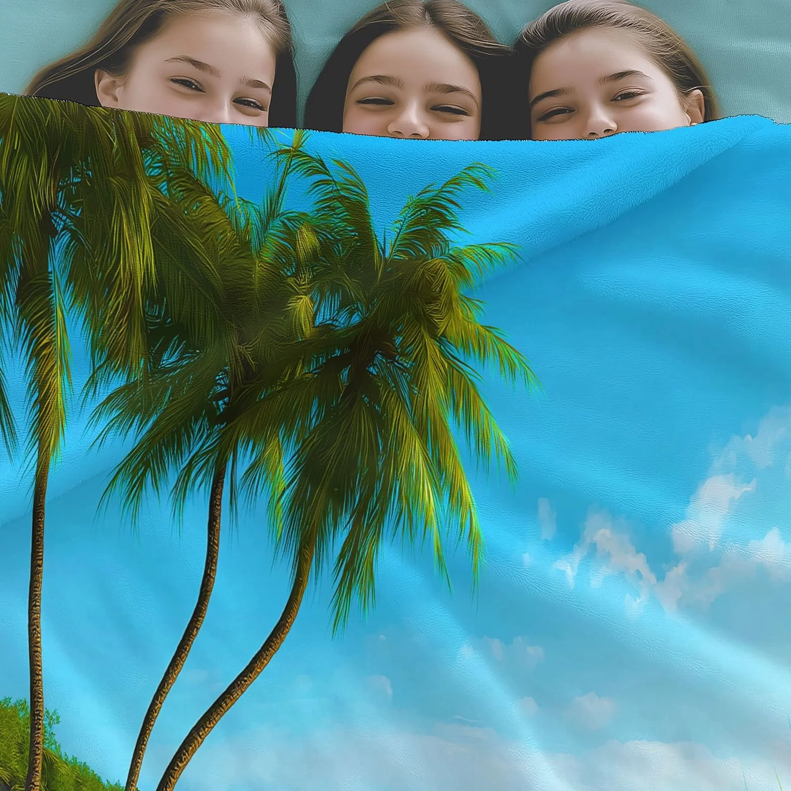 Koc flanelowy 220 x 240 cm, tropikalna plaża, palmy, narzuta na kanapę, do łóżka i łóżka, miękka i ciepła flanela, niebieski