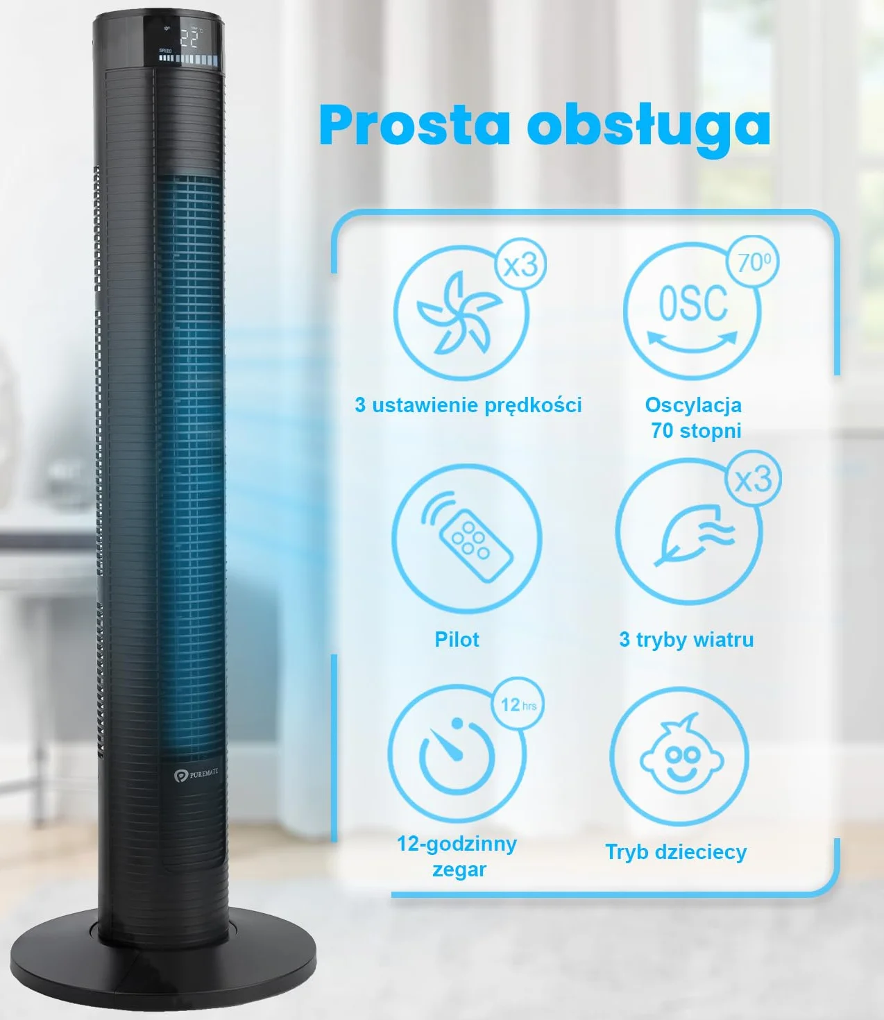PureMate Cichy Wentylator Kolumnowy z Pilotem Zdalnego Sterowania, Wieżowy Stojący Podłogowy, 45W, Wysokość 97 cm, Bezśmigłowy Bezłopatkowy Chłodzący, Automatyczna Oscylacja 70°, 12h Timer