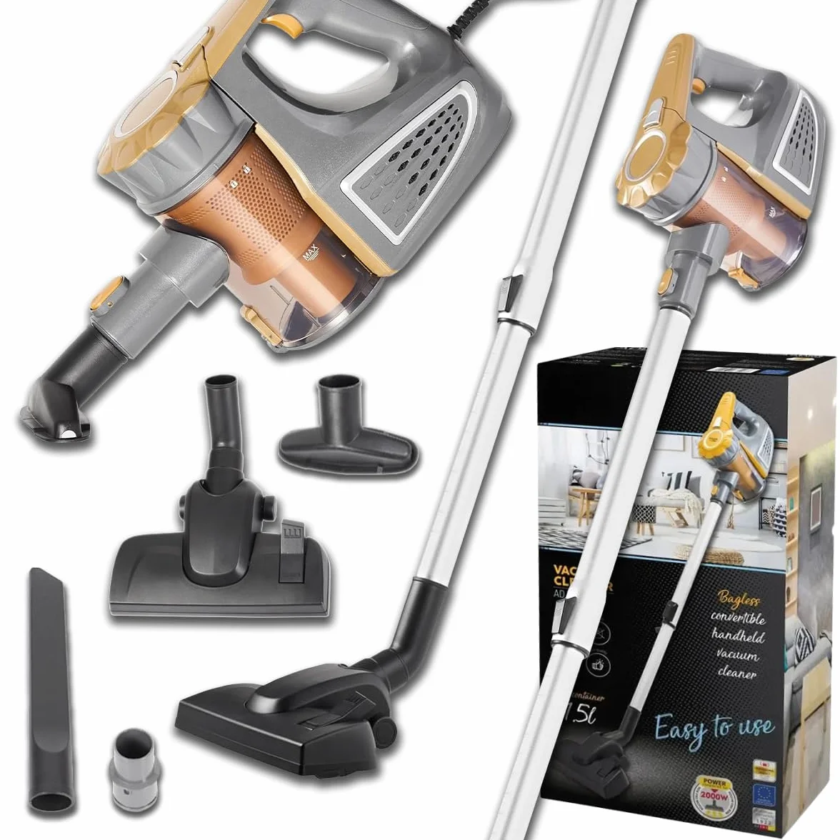 Markt24 Odkurzacz pionowy bez worka 800 W, kablowy napęd, 3 akcesoria, ochrona przed przegrzaniem, teleskopowy wąż, zmywalny pojemnik, filtr plastikowy, 1,5 l