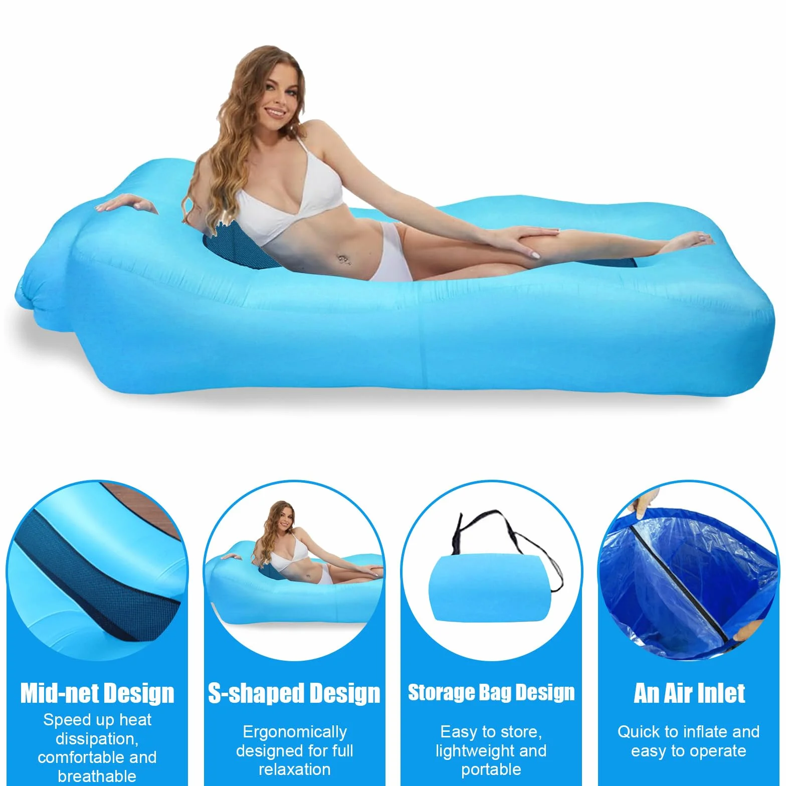 Nadmuchiwana sofa, 210T, wodoszczelna sofa powietrzna z torbą do noszenia, nadmuchiwana leżanka, sofa powietrzna na kemping, do parku, na plażę, na basen i imprezy na plaży