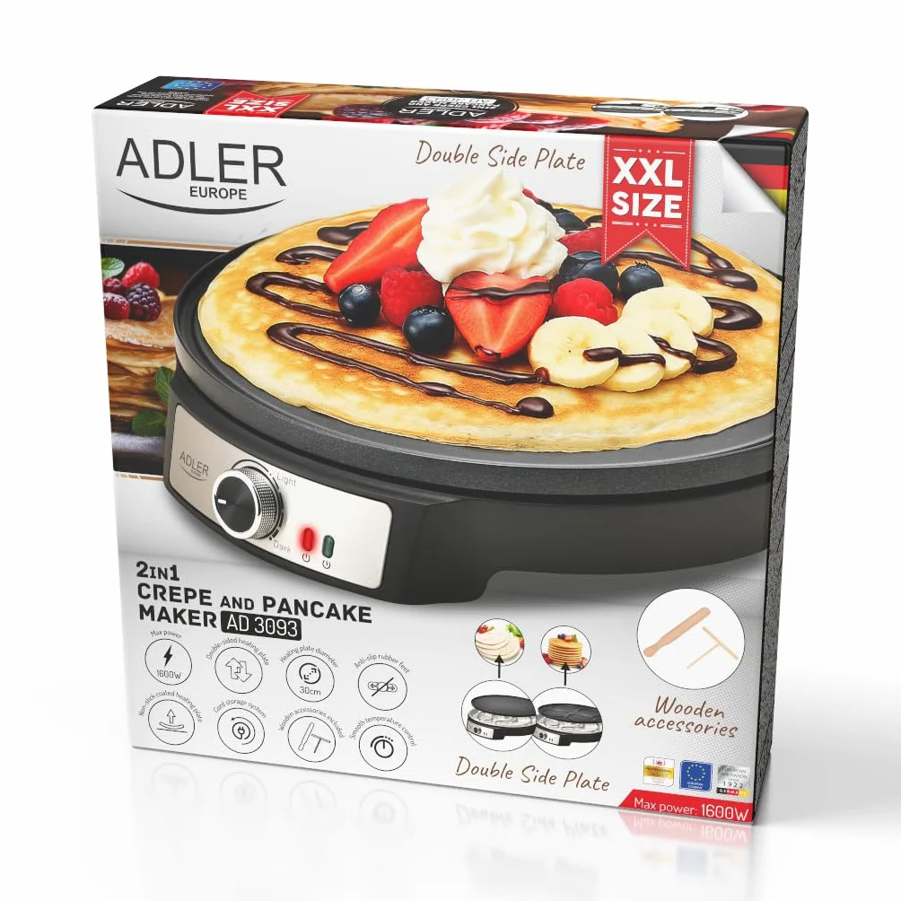 Adler Crepe Maker [Ø 30 cm] elektryczna z rozdzielaczem ciasta i łopatką | płyta do robienia naleśników z powłoką zapobiegającą przywieraniu + bezstopniowa regulacja temperatury | 1600 W pancake Maker