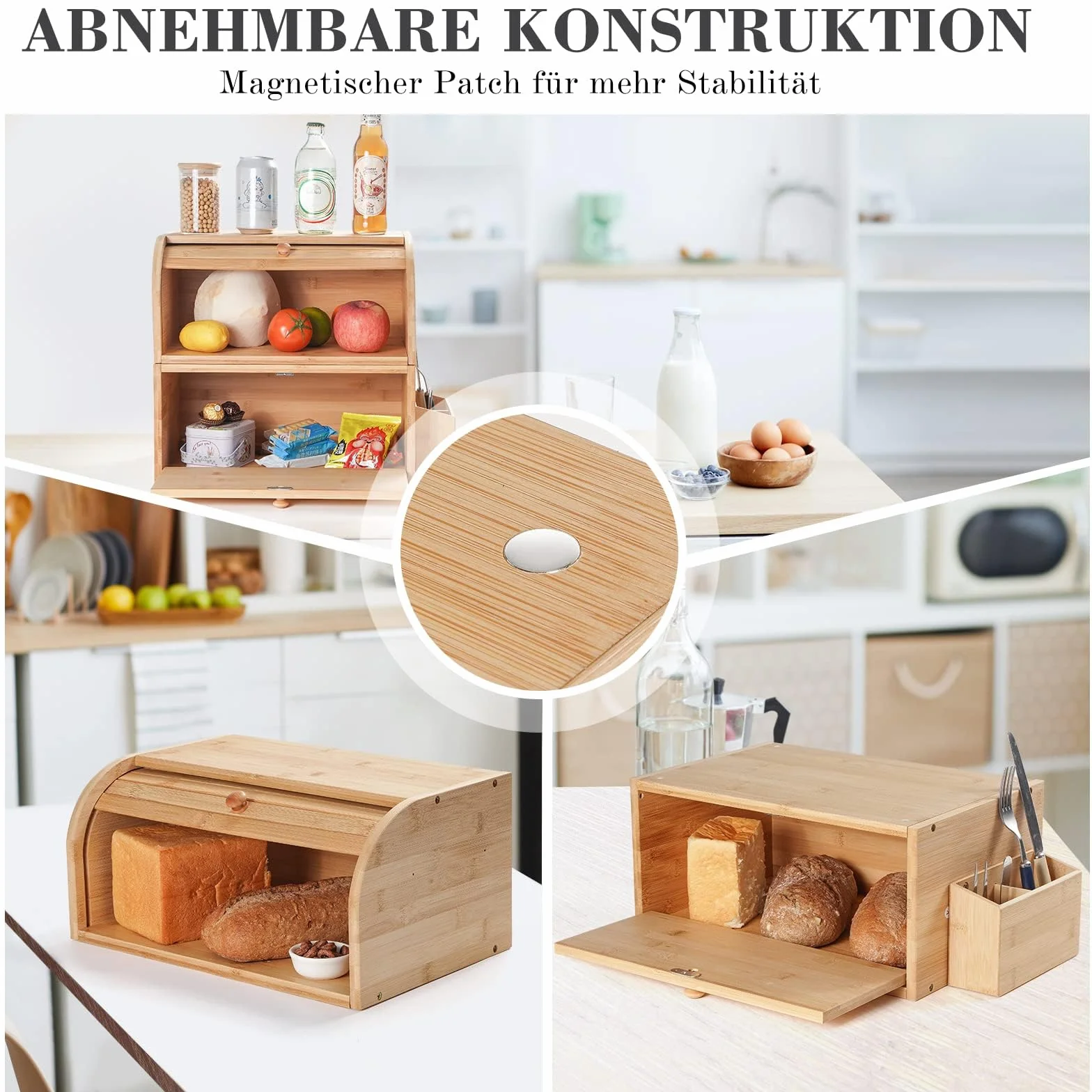 GUUSII HOME Chlebnik Drewniany Duży Retro Eco Chlebnik Pokrywa rolki Dwuwarstwowy pojemnik na chleb z możliwością układania w stosy 38x25x36cm Naturalny bambus Zachowuje świeżość i smak