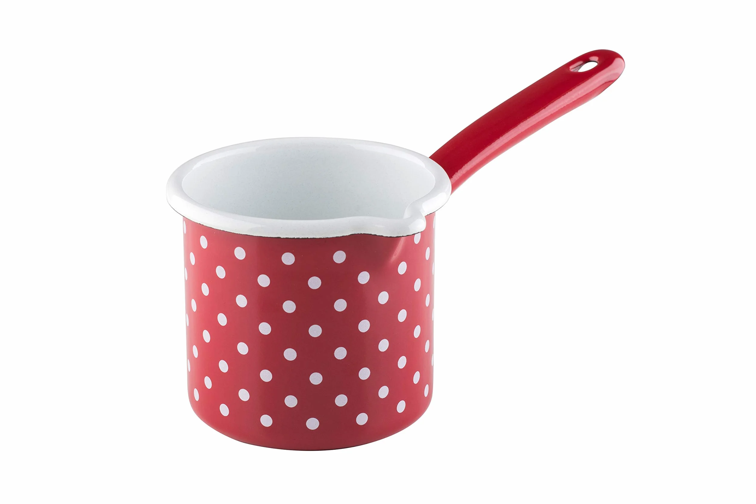 Riess, 0284-077, garnek z dziobem z trzonkiem 10 0,75 l, czerwone ciasteczka, średnica 10 cm, wysokość 10 cm, pojemność 0,75 litra, emalia, garnek na mleko, czerwony/biały, emaliowany garnek Riess