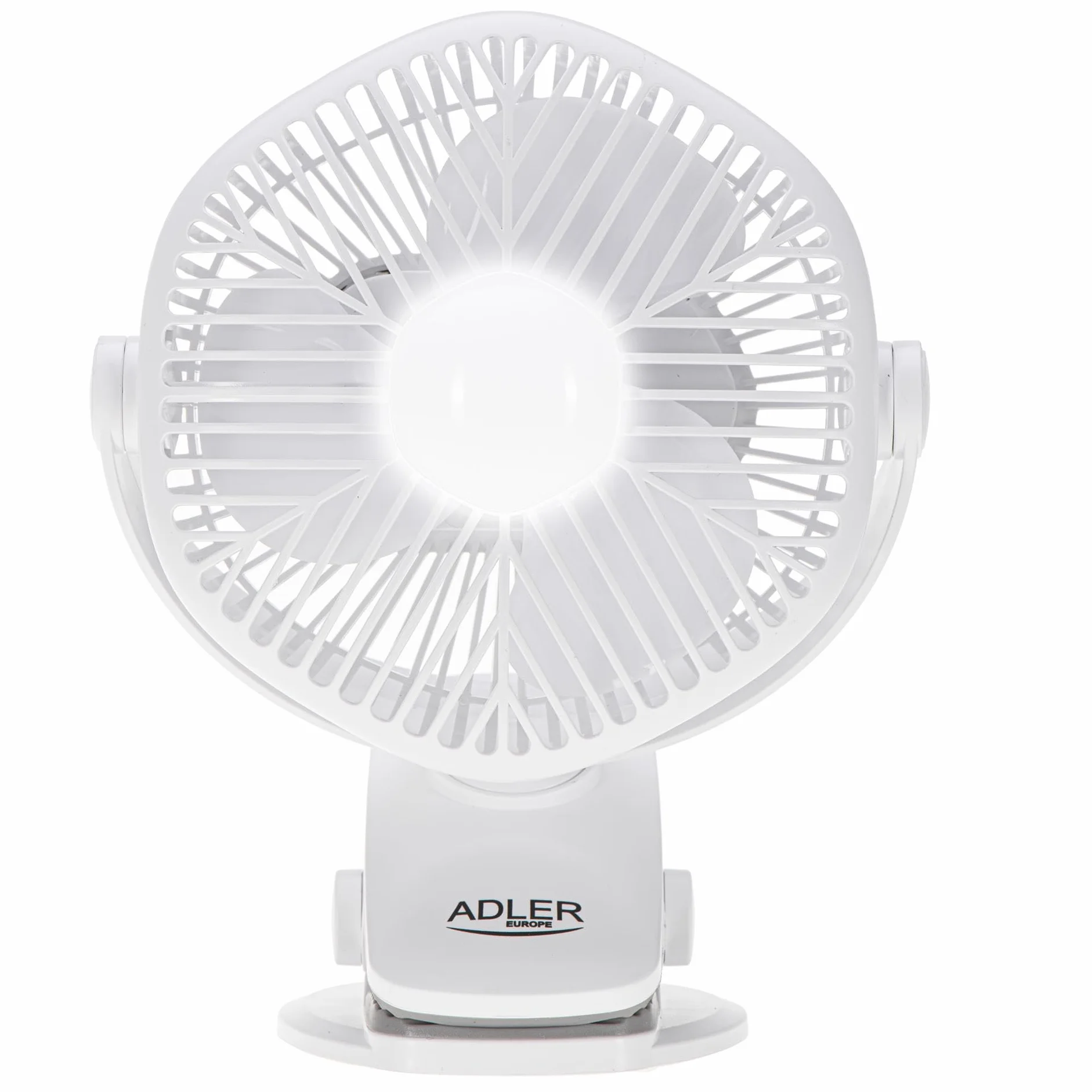 ADLER EUROPE Wentylator stołowy z akumulatorem i zaciskiem - Wentylator USB z oświetleniem LED - 3 prędkości i możliwość obrotu o 360° - Wentylator z zaciskiem 15,3 x 10,5 x 19,9 cm - Biały