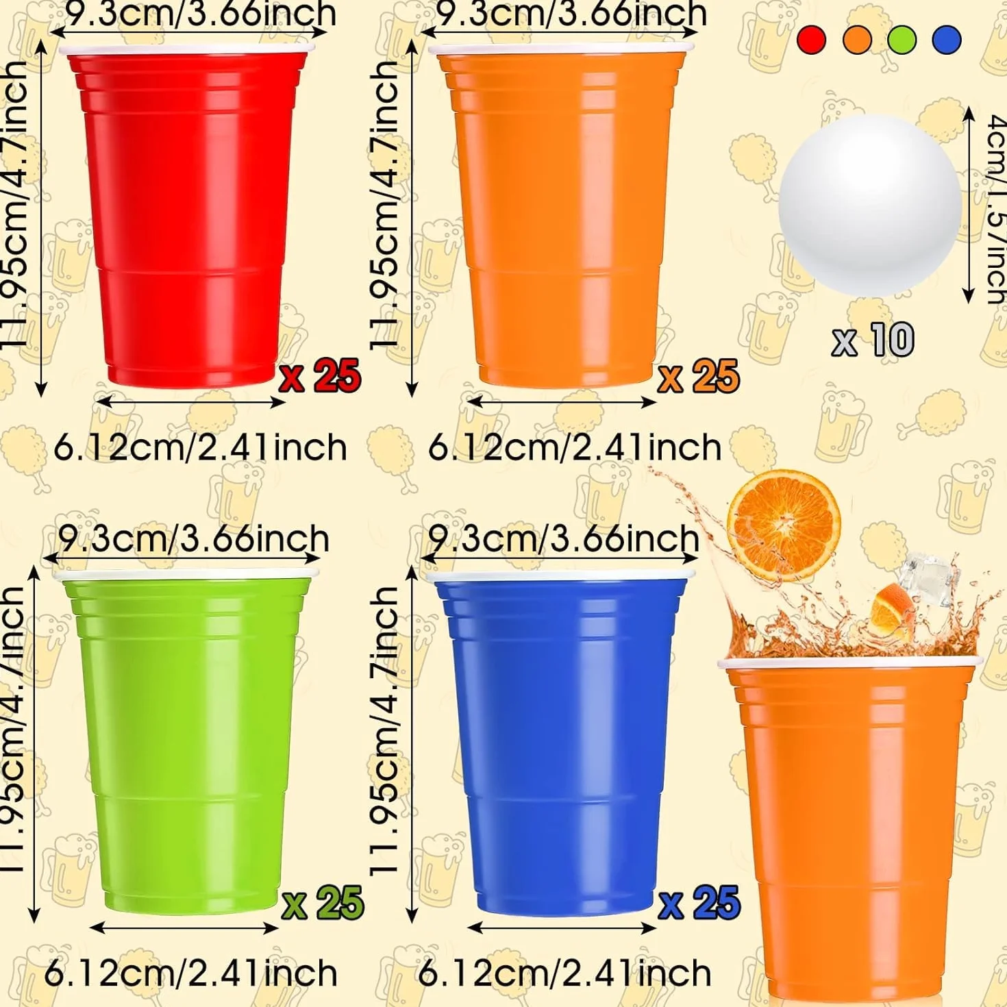 LATERN 100 szt. plastikowych kubków wielokrotnego użytku, 480 ml, zestaw kubków do piwa z 25 czerwonymi kubkami, 25 niebieskimi kubkami, 25 zielonymi kubkami, 25 pomarańczowymi kubkami, 10 piłek do