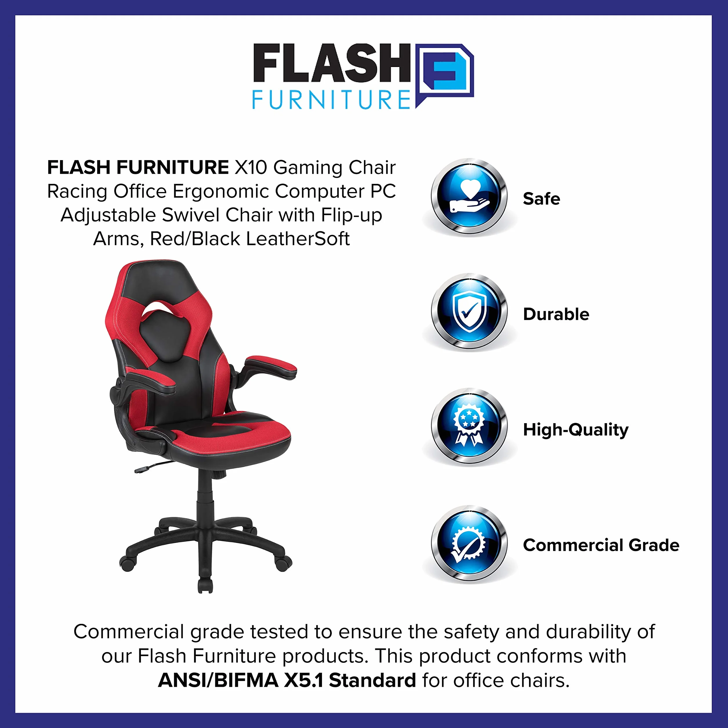 Flash Furniture X10 fotel gamingowy do biura, ergonomiczny, komputerowy, regulowany, obrotowy fotel z podnoszonymi podłokietnikami, czerwono-czarna skóra, miękka
