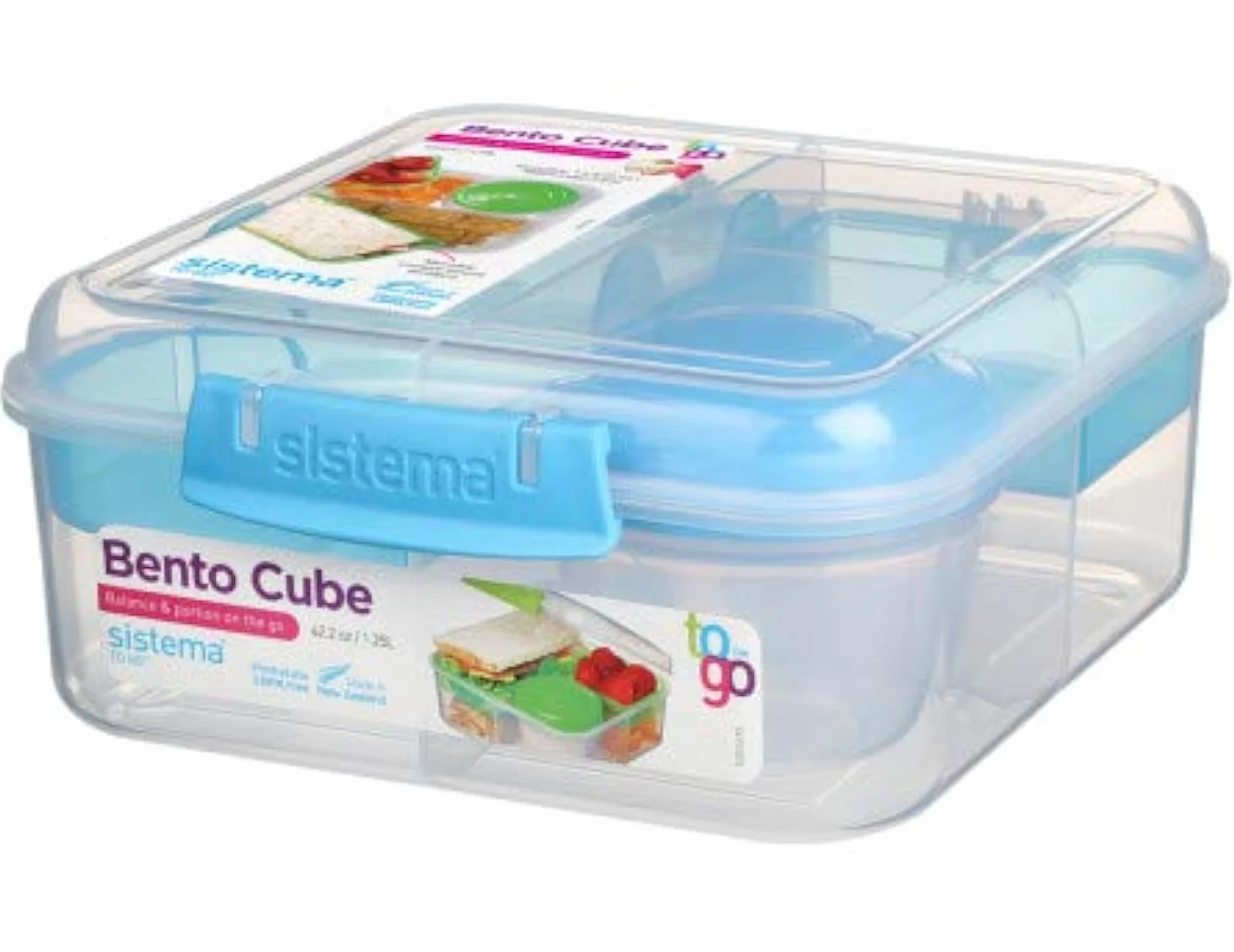 Sistema BENTO Cube XL pojemnik na lunch z 5 komorami - 1250 ml, z kubkiem z zakrętką, wymiary 17,5 x 17,5 x 8 cm (szer. x gł. x wys.), 21685 Niebieski