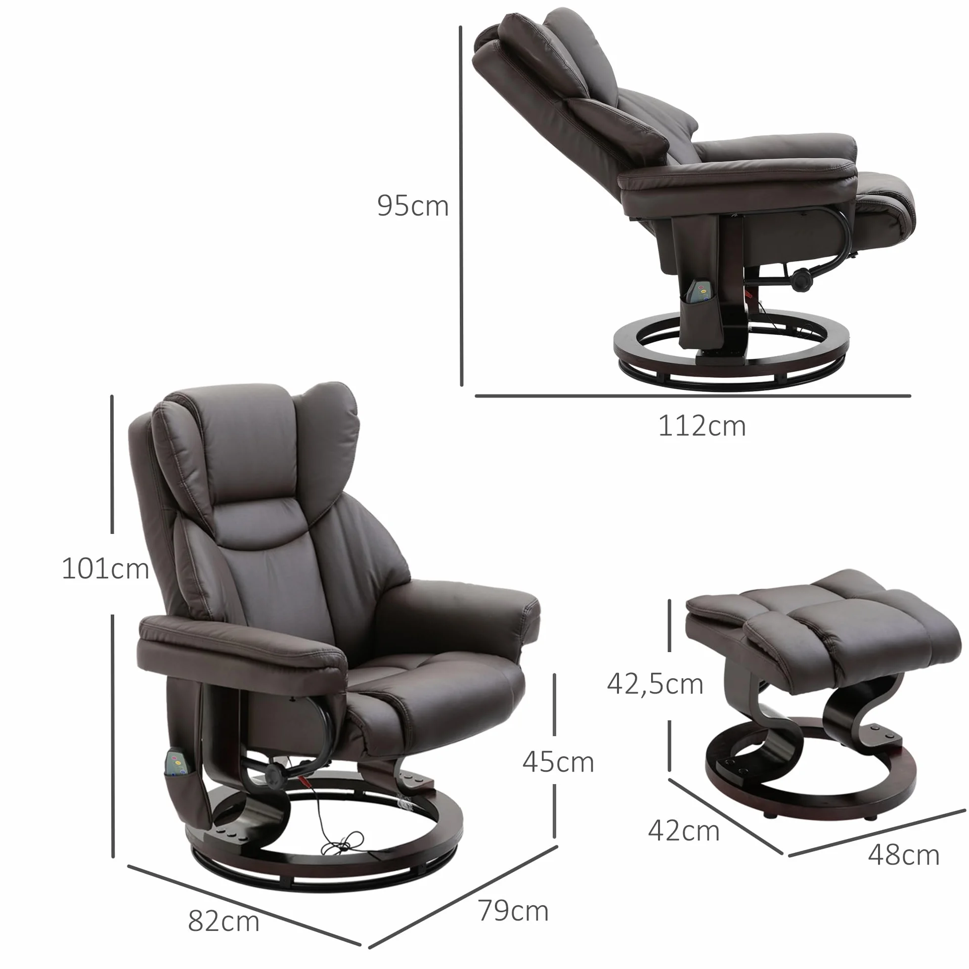 HOMCOM fotel do masażu z pufą fotel relaksacyjny nachylenie 145° sztuczna skóra kolor brązowy 79 x 82 x 101 cm