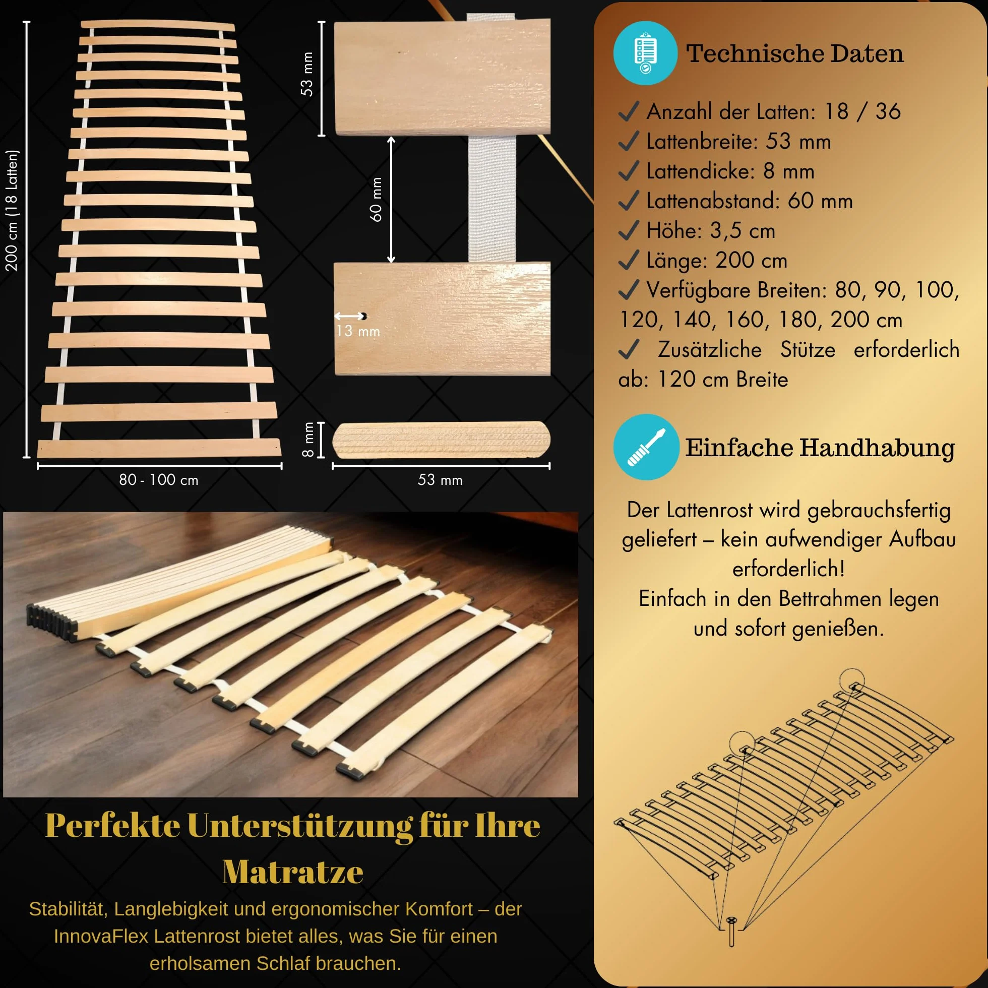 Rolowany Stelaż Listwowy 90x200cm - 18 Elastycznych Listew, Cicha Konstrukcja z Nakładkami Wyciszającymi - Solidny i Stabilny Stelaż Pod Materac - Łatwy Montaż - Obciążenie do 145kg