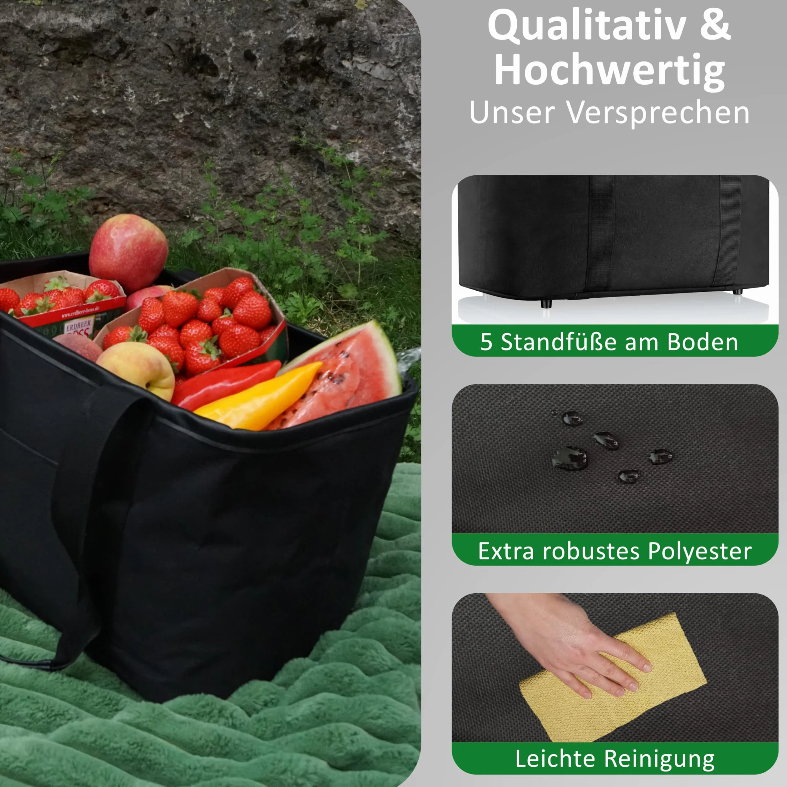 Cottara® Składana torba na zakupy, składana, ze wzmocnionym dnem i wygodnym uchwytem ze skóry PU, idealna jako składany koszyk na zakupy, torba do noszenia lub torba na zakupy, czarna, 30 l