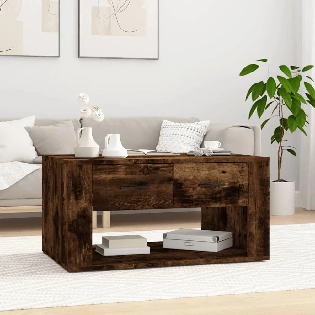 Hothingwell Stolik kawowy Dąb wędzony 80x50x40 cm Drewno inżynierskie | 2 szuflady do przechowywania, wytrzymała góra, łatwa do czyszczenia, instrukcja montażu w zestawie
