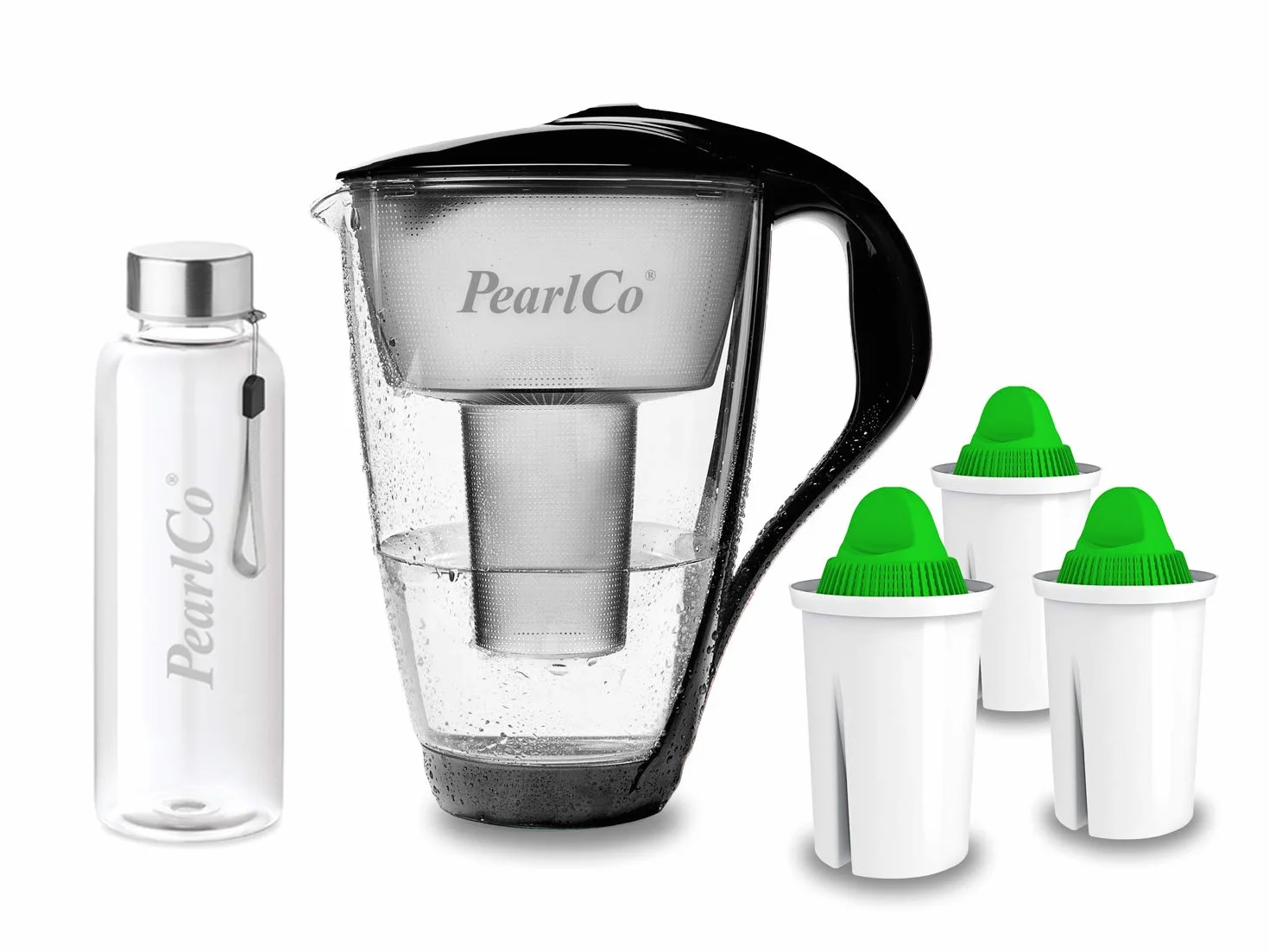 PearlCo - Szklany filtr do wody (czarny) z 3 wkładami filtrującymi alkalicznymi Classic + 1 butelka do picia ze szkła