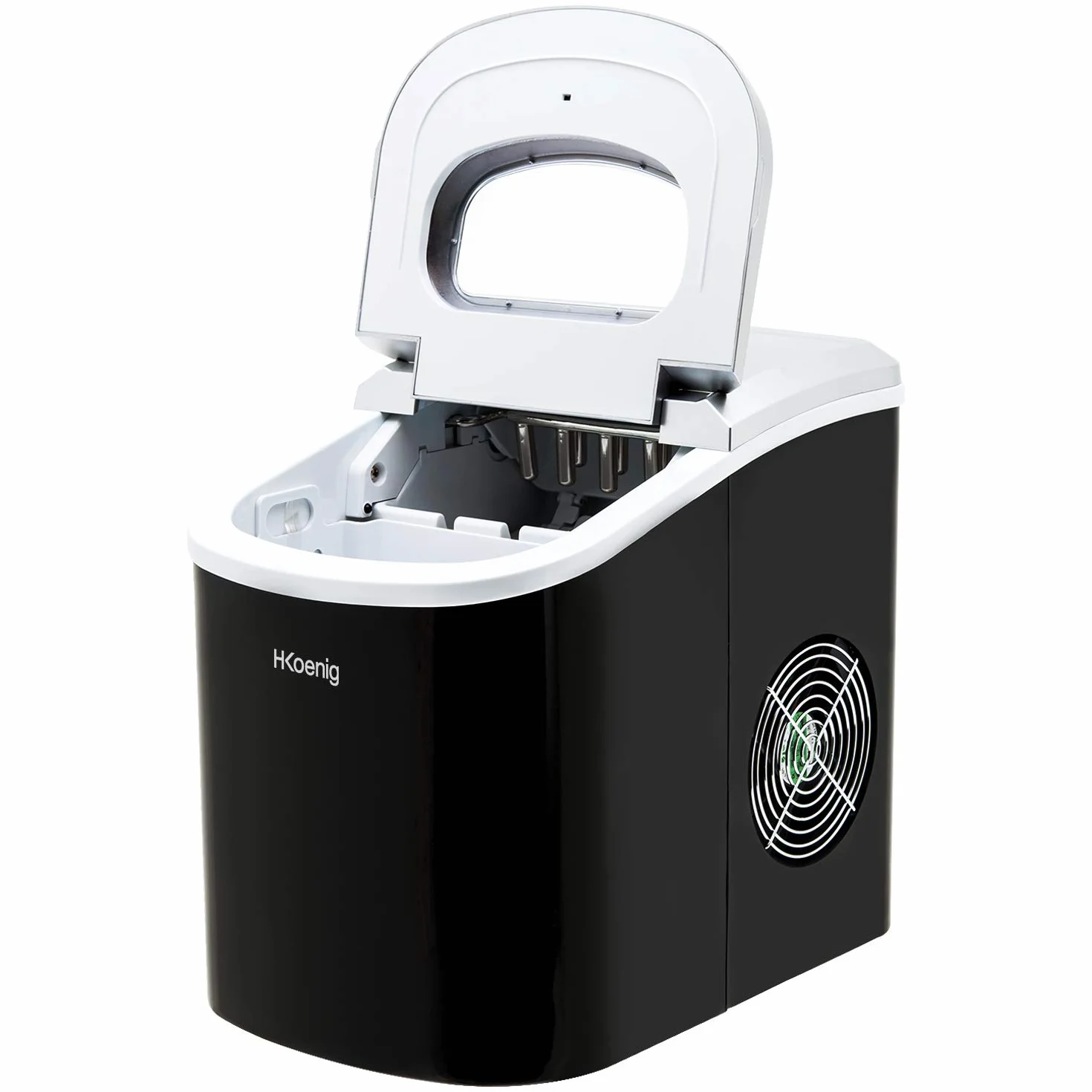 H.Koenig KB12 kostkarka do lodu KB12 – ok. 12 kg kostek lodu dziennie, czas produkcji 6 – 13 min. – 2 wielkości kostek lodu, wskaźnik poziomu wody, 90 W czarna, stal nierdzewna