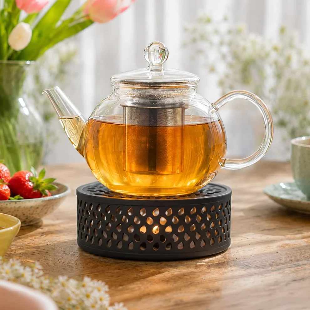 Creano Dzbanek do herbaty ze szkła 1,6 l + czarny podgrzewacz ze stali nierdzewnej – szklany dzbanek do herbaty z filtrem ze stali nierdzewnej i pokrywką – idealny do przygotowywania herbaty sypkiej