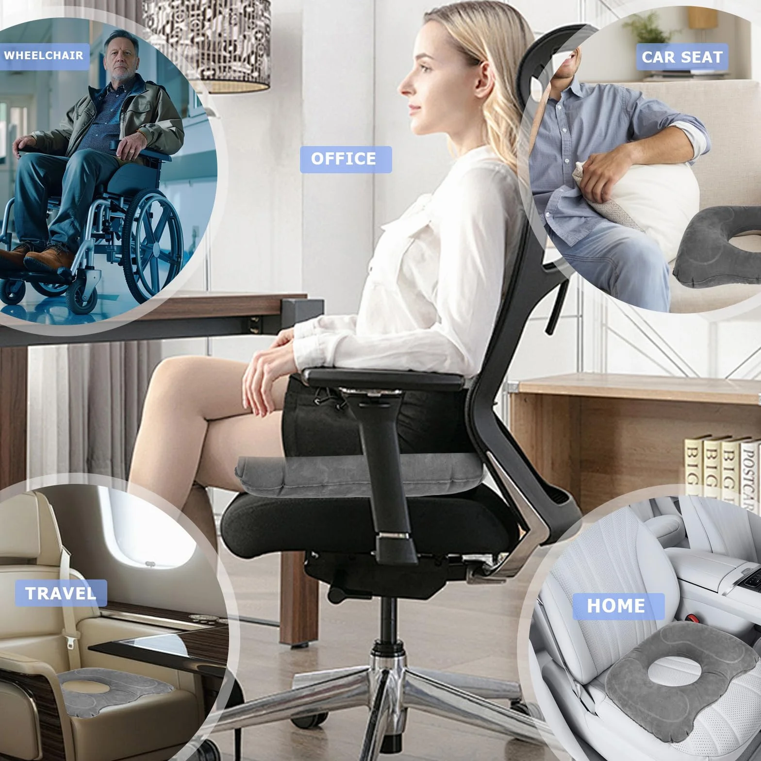Poduszka ortopedyczna nadmuchiwana na hemoroidy ergonomiczna na krzesło biurowe wózek inwalidzki szary