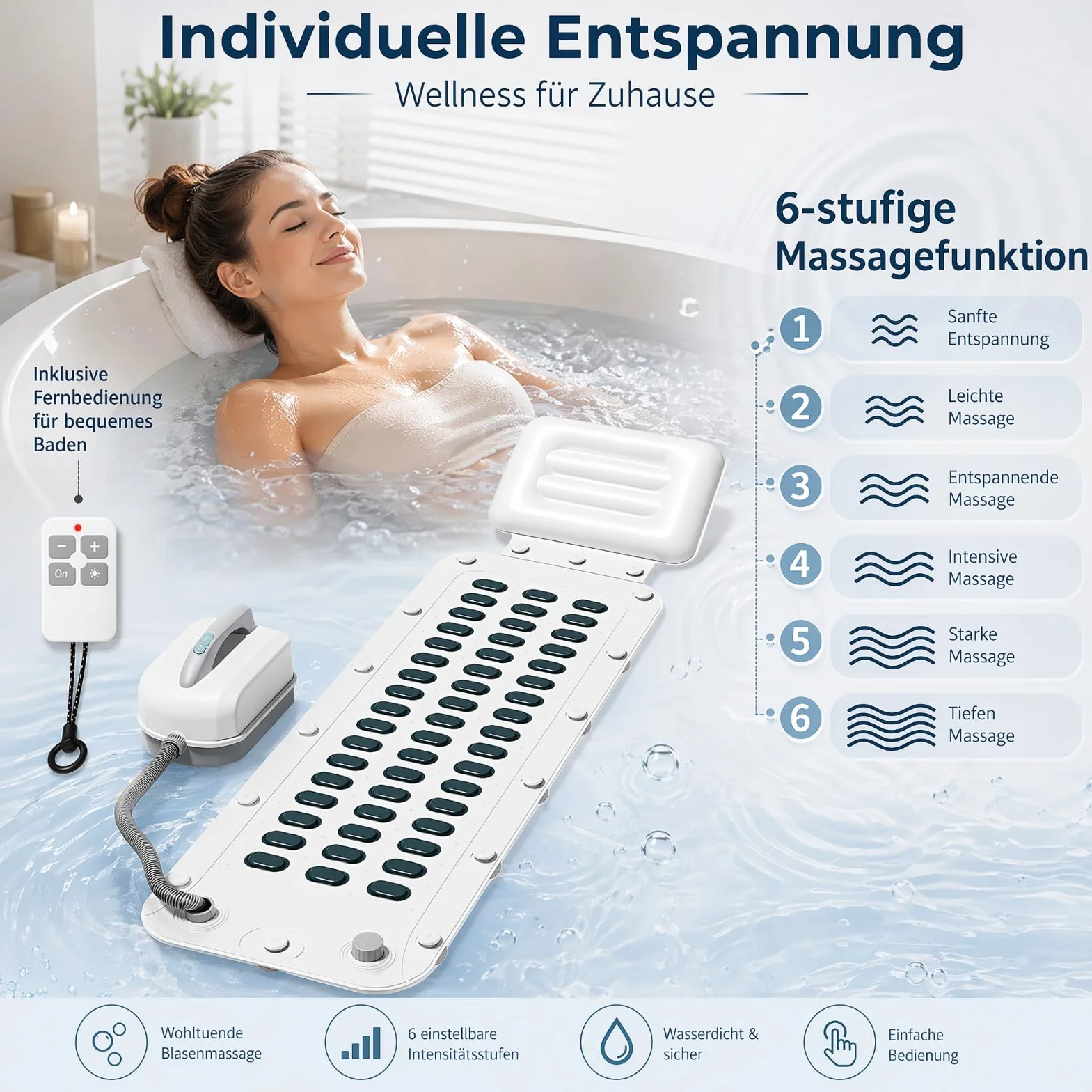Mata do wanny spa, mata bąbelkowa, mata do wanny z hydromasażem z poduszkami, antypoślizgowe przyssawki, przenośny masażer do kąpieli bąbelkowej z 6 prędkościami, do relaksu w domu
