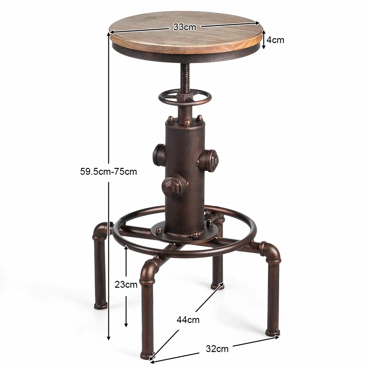 COSTWAY Stołek barowy z regulacją wysokości 59,5-75 cm drewno metal podnóżek płyta sosnowa vintage