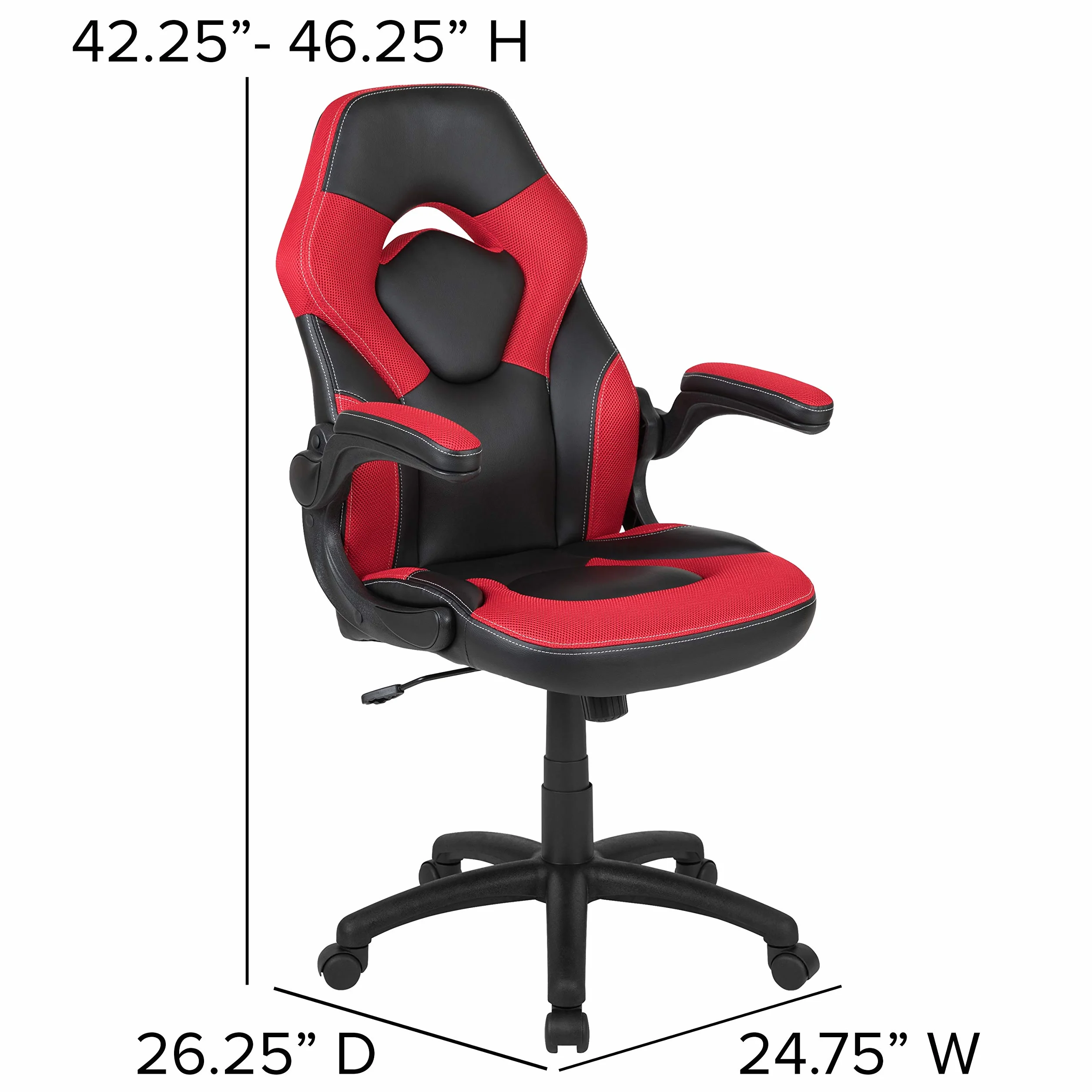 Flash Furniture X10 fotel gamingowy do biura, ergonomiczny, komputerowy, regulowany, obrotowy fotel z podnoszonymi podłokietnikami, czerwono-czarna skóra, miękka