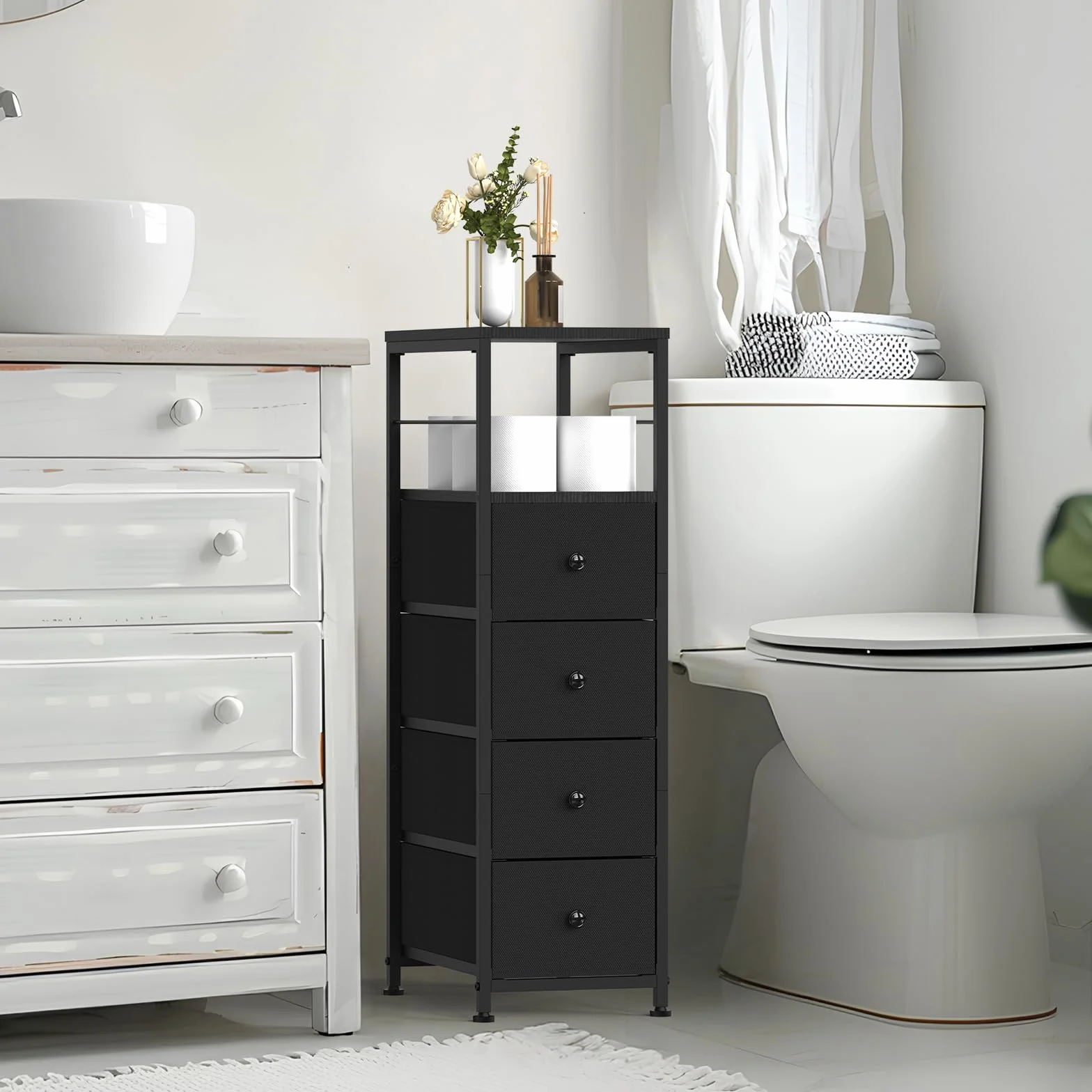 Komoda wąska szafka z 4 szufladami z materiału, szafa z szufladami, wieża do przechowywania, organizer do sypialni, salonu, kuchni, biura, korytarza, 87 x 40 x 25,4 cm, czarna