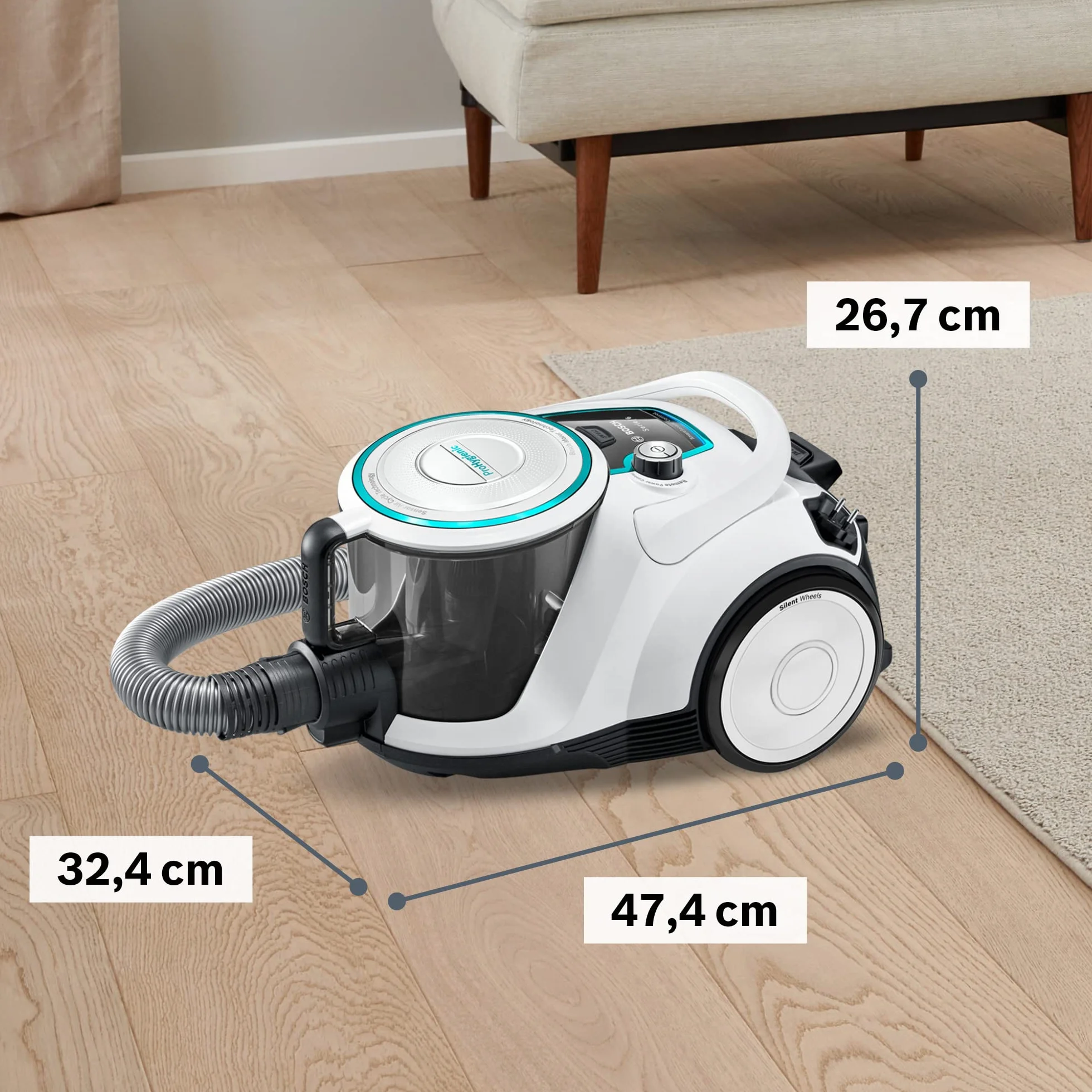 Bosch Odkurzacz bezworkowy seria 6 BGC41XHYG, odkurzacz podłogowy, idealny dla alergików, filtr higieniczny, dysza podłogowa do parkietu, dywanów, duża moc ssania, cichy, 700 W, biały