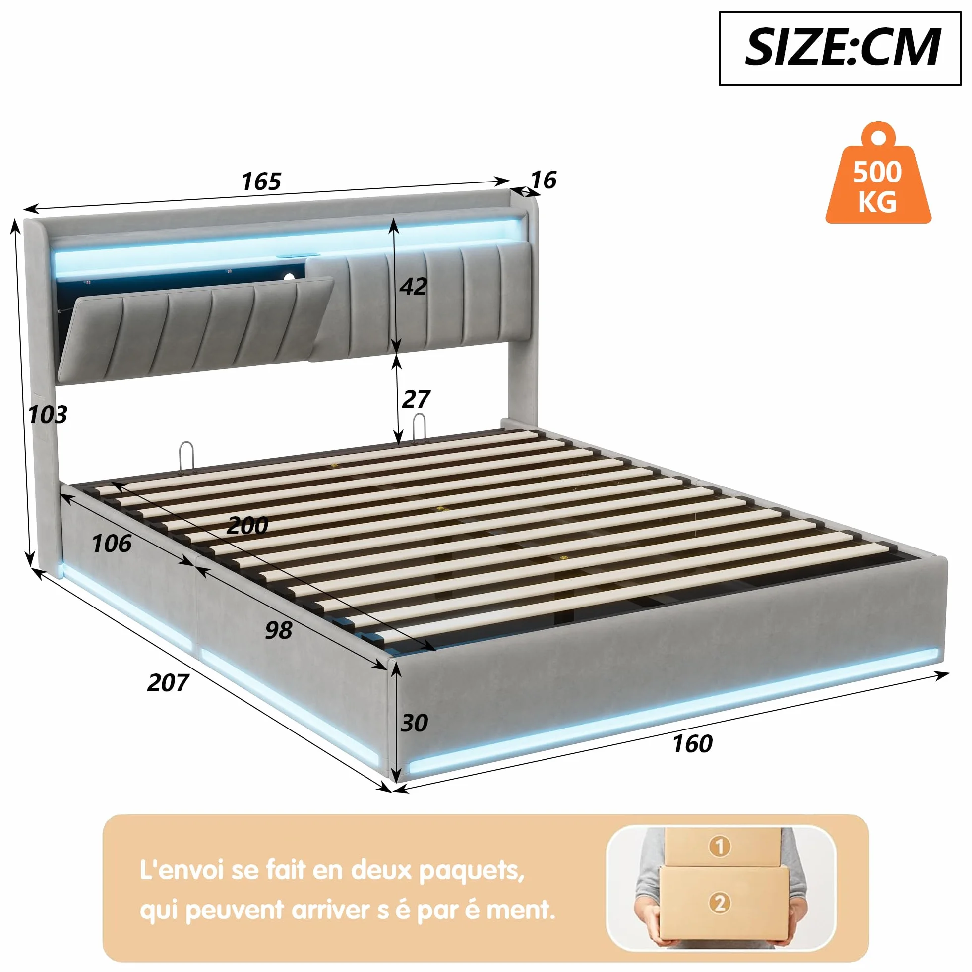 Łóżko 160x200 z pojemnikiem i oświetleniem LED,łóżko podwójne z tapicerowanym zagłówkiem,łóżko podwójne z listwowym stelażem dla dorosłych i nastolatków,hydraulicznie tapicerowana rama łóżka