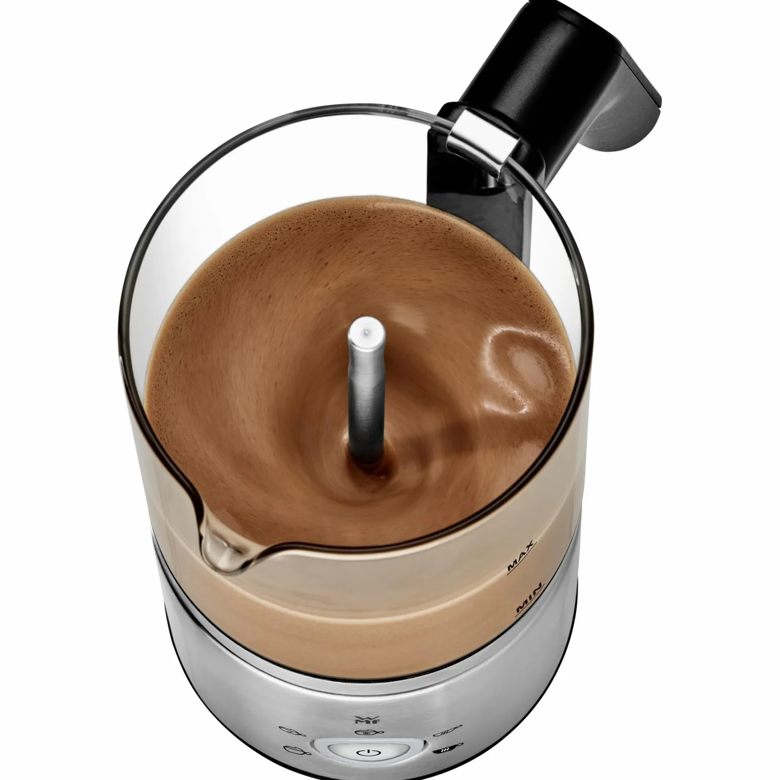 WMF Lono szklany spieniacz do mleka, elektryczny, 150-250 ml, 650 W, mikser Frappe Mixer, ekran dotykowy, do spieniania mleka na gorąco i zimno, gorące mleko, podgrzewacz do mleka, ekspres do kakao,