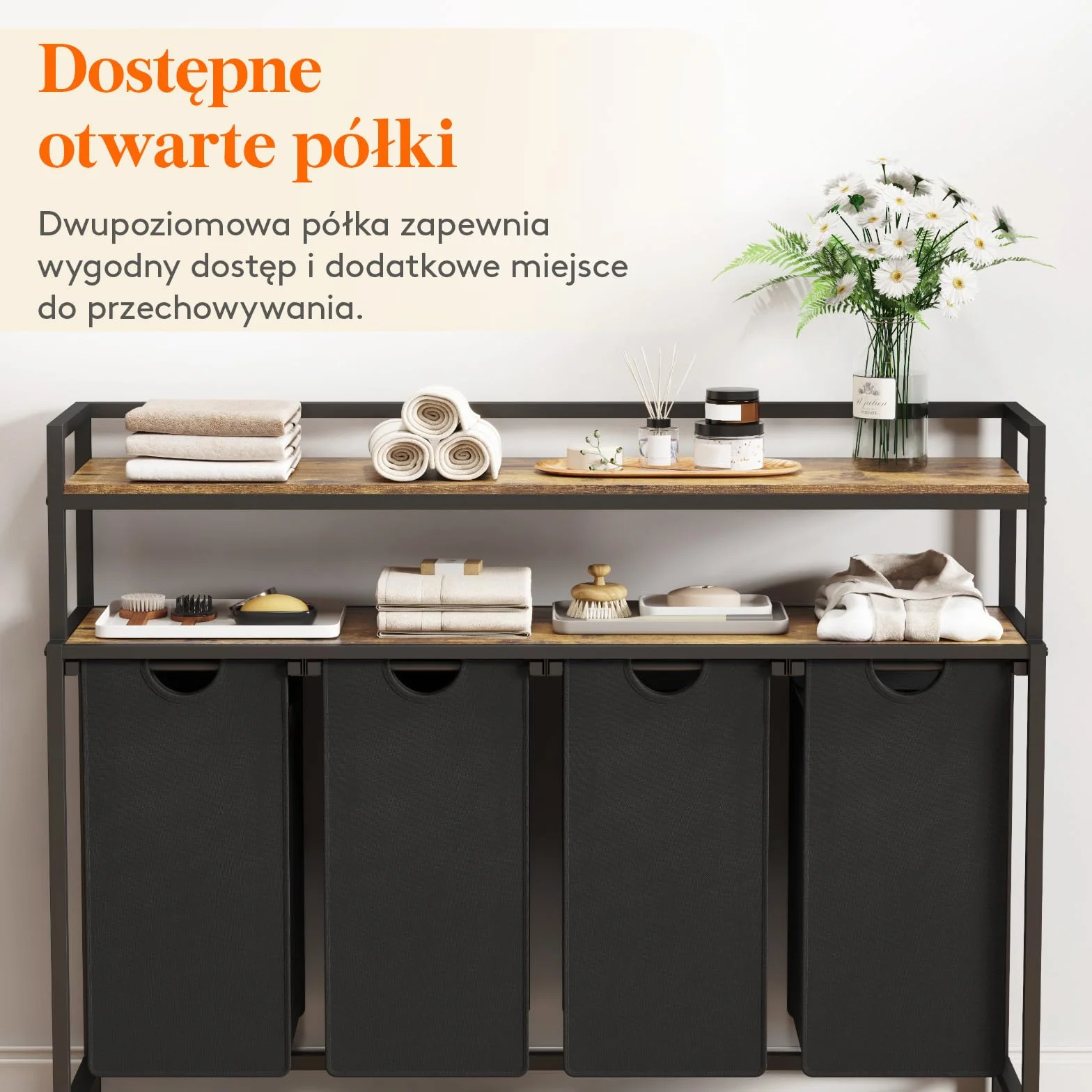 Lifewit Kosz na pranie z półkami, 4 sekcje, wysuwany kosz na pranie o pojemności 168l z kółkami, organizer na ubrania z 4 wyjmowanymi workami na pranie, sortownik na pranie, rustykalny brąz i czerń