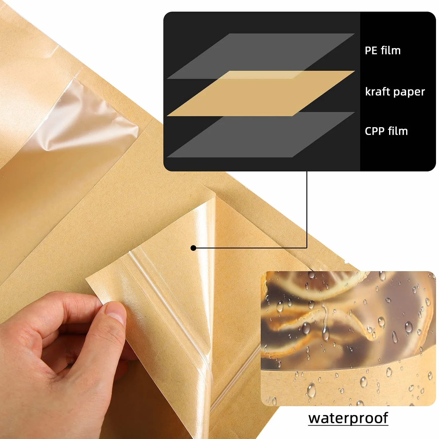 100 szt. Kraft Stand Up Pouches – 18 x 25 cm zamykane torby do przechowywania żywności z matowym okienkiem do pakowania