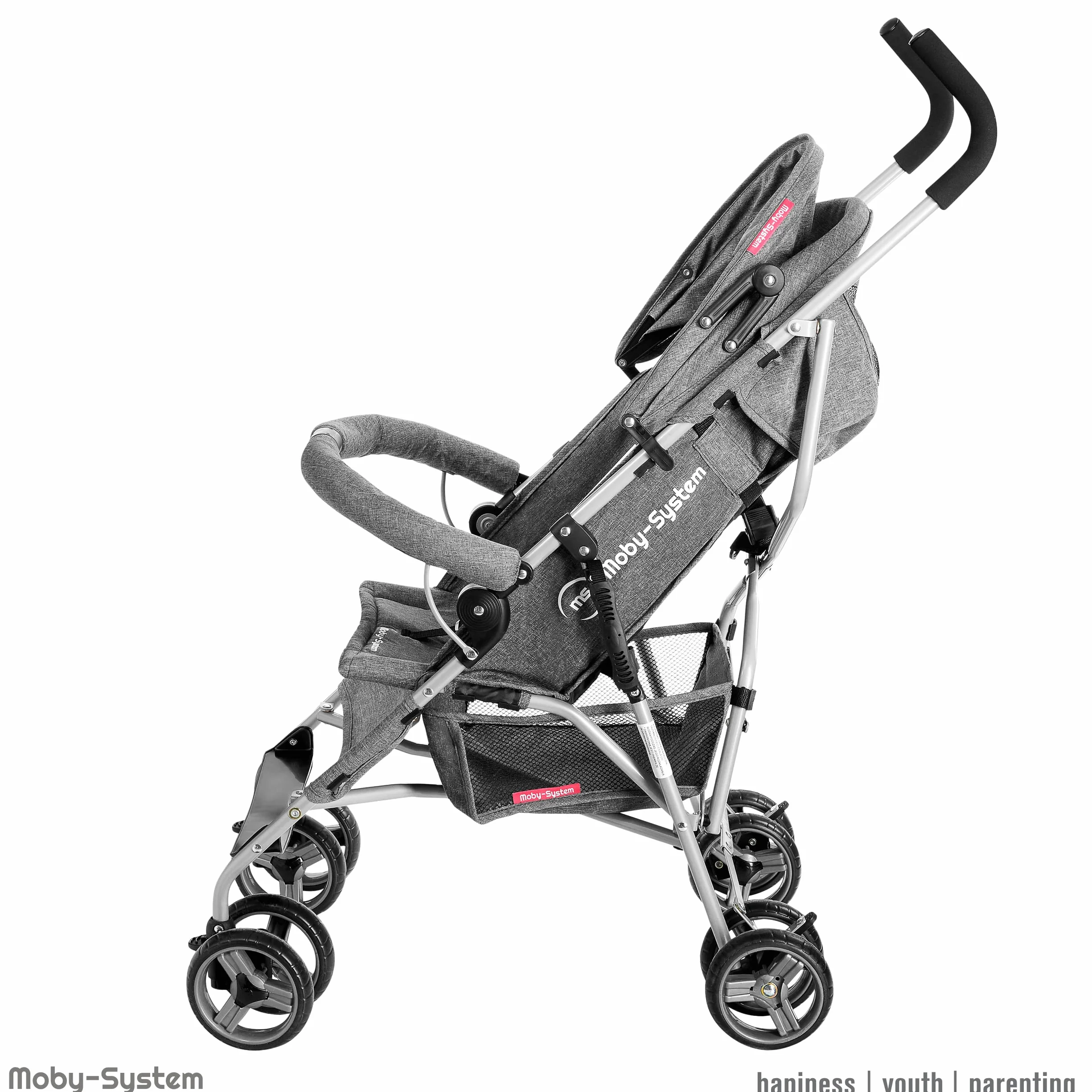 Moby-System Wózek Dziecięcy, Spacerówka, Lekki Wózek dla Dziecka, dla Dzieci do 14 kg, Regulowane Oparcie, Podwójne, Obrotowe Koła z Pianki, Składany, z Daszkiem i Pokrowcem Przeciwdeszczowym, Szary