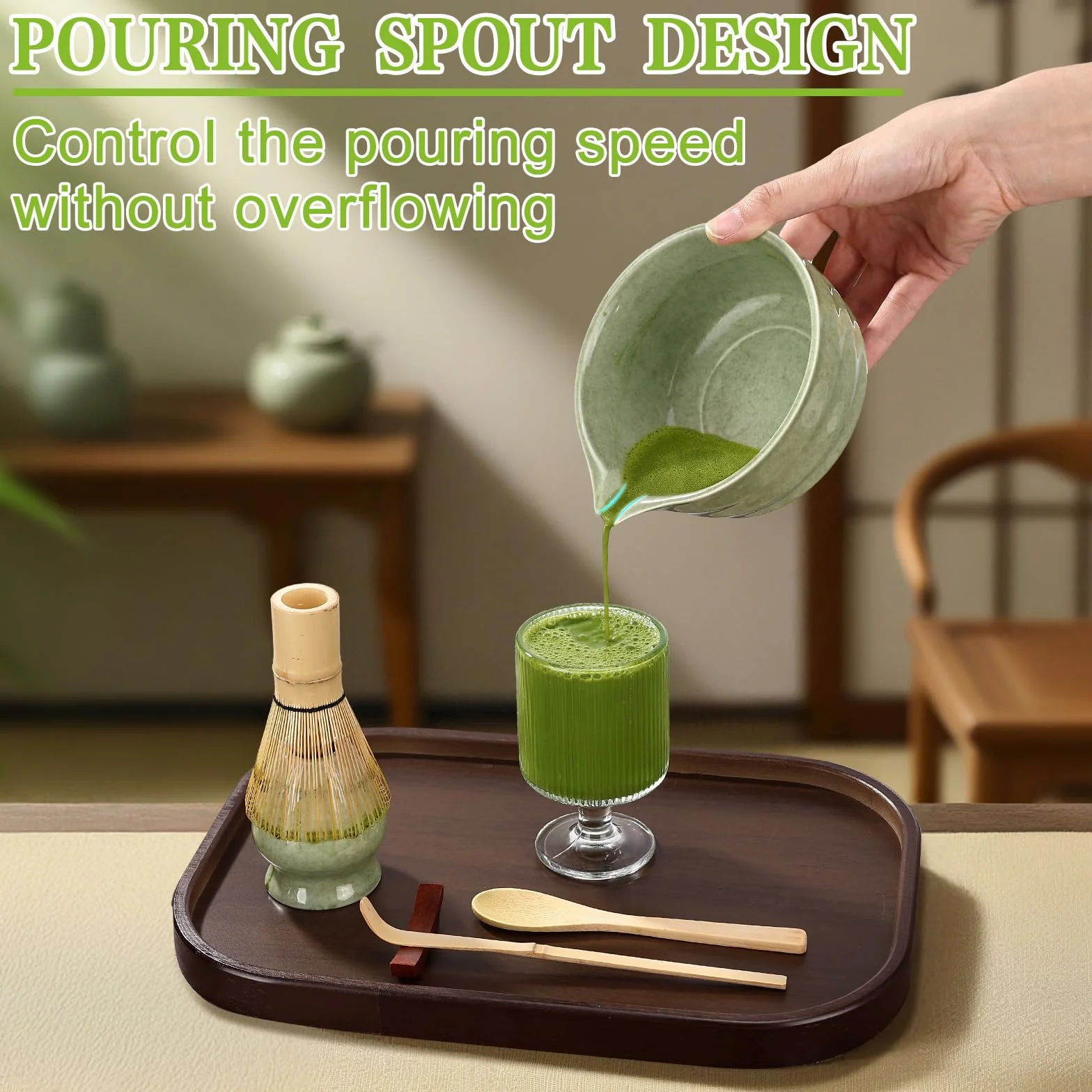 6-częściowy zestaw mioteł do matchy, miska do matchy z wylewką, uchwyt do whisky matcha, łyżka i uchwyt, japoński zestaw do herbaty matcha, akcesoria dla miłośników matchy (zielony)