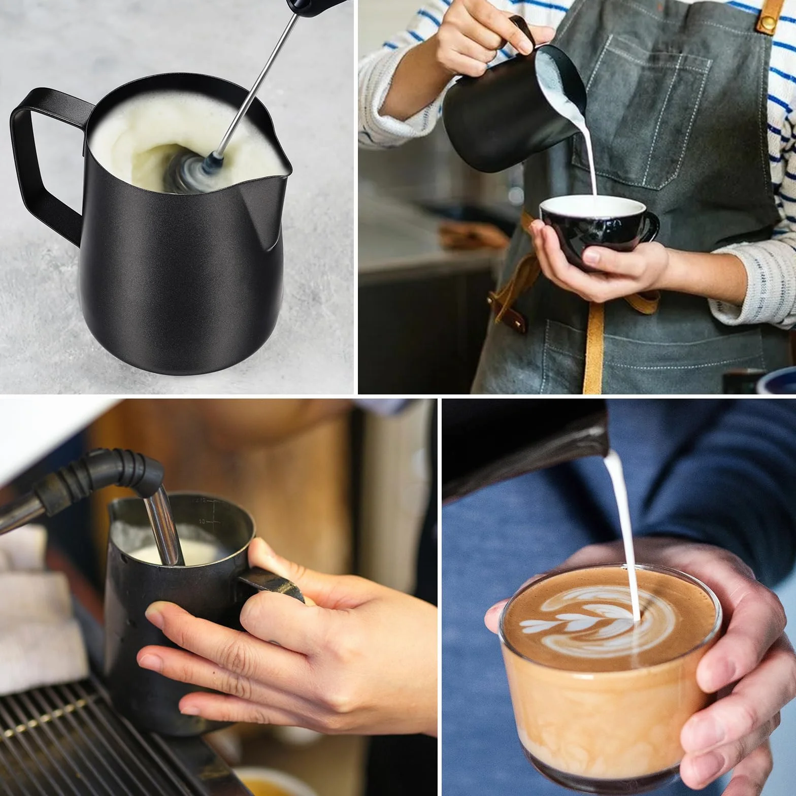 Anpro Metalowy dzbanek do spieniania mleka, 350 ml / 340 ml dzbanek na mleko ze stali nierdzewnej 304 z pisakiem artystycznym do dekoracji latte, metalowe akcesoria baristów do cappuccino latte i