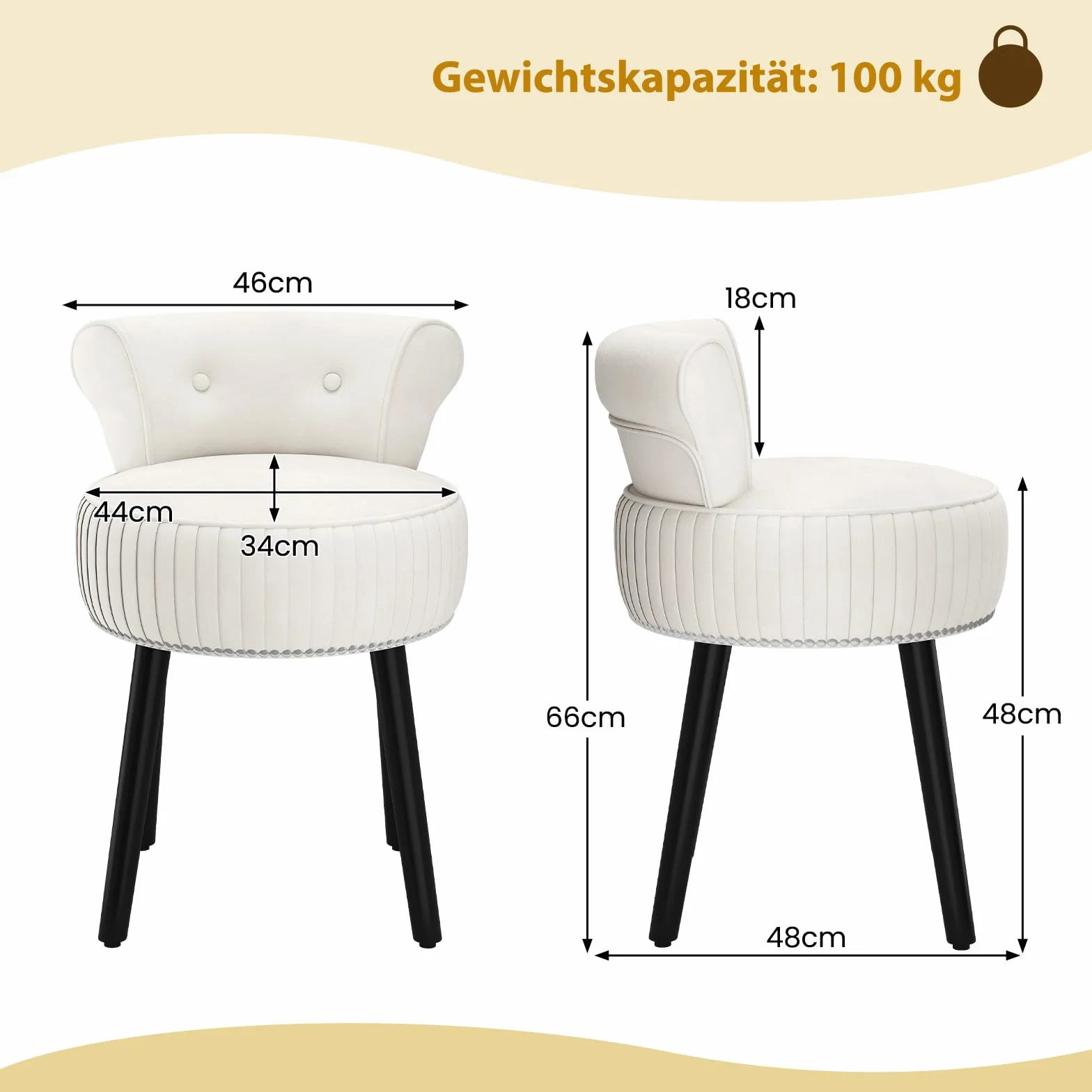 COSTWAY Aksamitny taboret do makijażu z oparciem, tapicerowany taboret Vanity z głęboko tuftowanym oparciem i masywnymi drewnianymi nogami, małe krzesło do makijażu, krzesło akcentujące do sypialni i