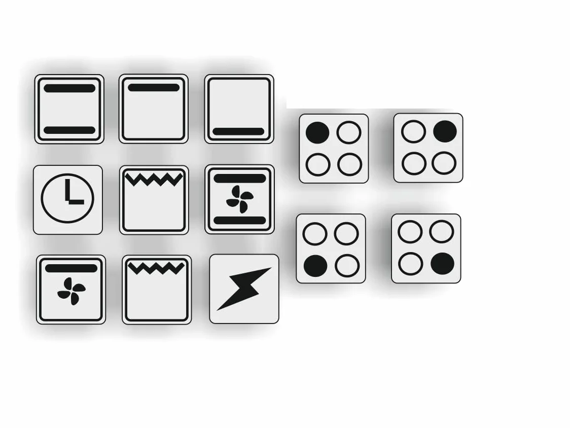 Zestaw 13 naklejek na kuchenkę, oznaczenia na kuchenkę elektryczną, piekarnik, przełączniki, symbole (R29/1/3) (14 x 14 mm)