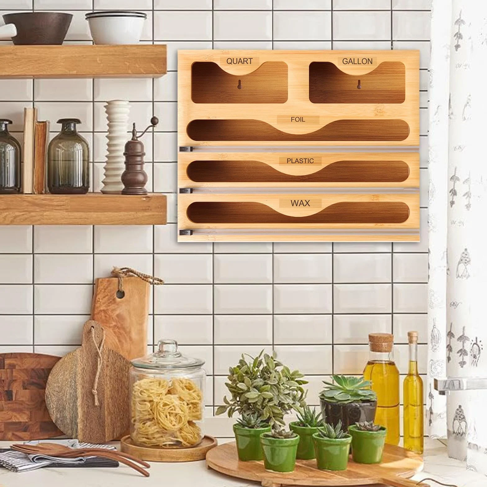 Dozownik do montażu na ścianie, aluminiowy organizer folii, kuchnia z drewna, papier i przechowywanie wosku, duża pojemność do pomieszczeń, 40 x 31,6 x 7,2 cm