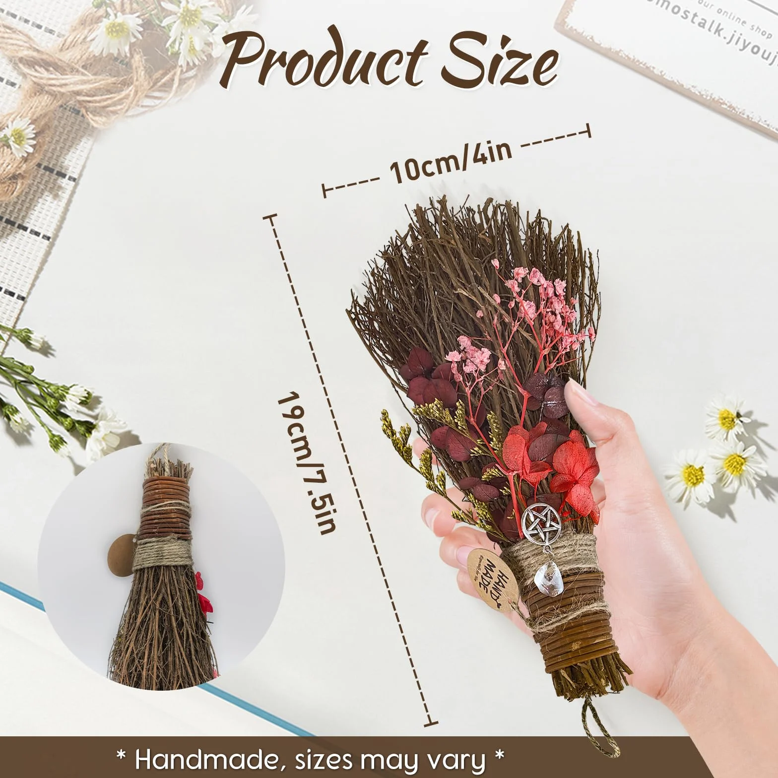Miotła cynamonowa 19 cm, mini miotła czarownicy Boże Narodzenie, do majsterkowania, dekoracyjna miotła z suszonymi kwiatami, wicca, miotła, czarownica, akcesoria na magiczne ceremonie, Halloween