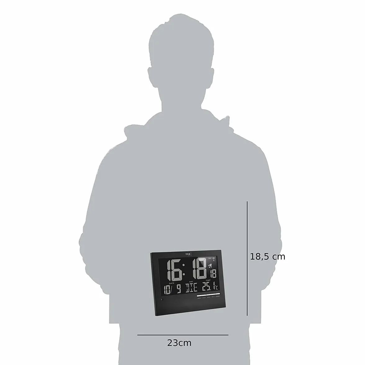 TFA Dostmann Cyfrowy zegar radiowy z automatycznym podświetleniem, temperatura wewnętrzna, data, dzień tygodnia, kolor czarny, 60.4508