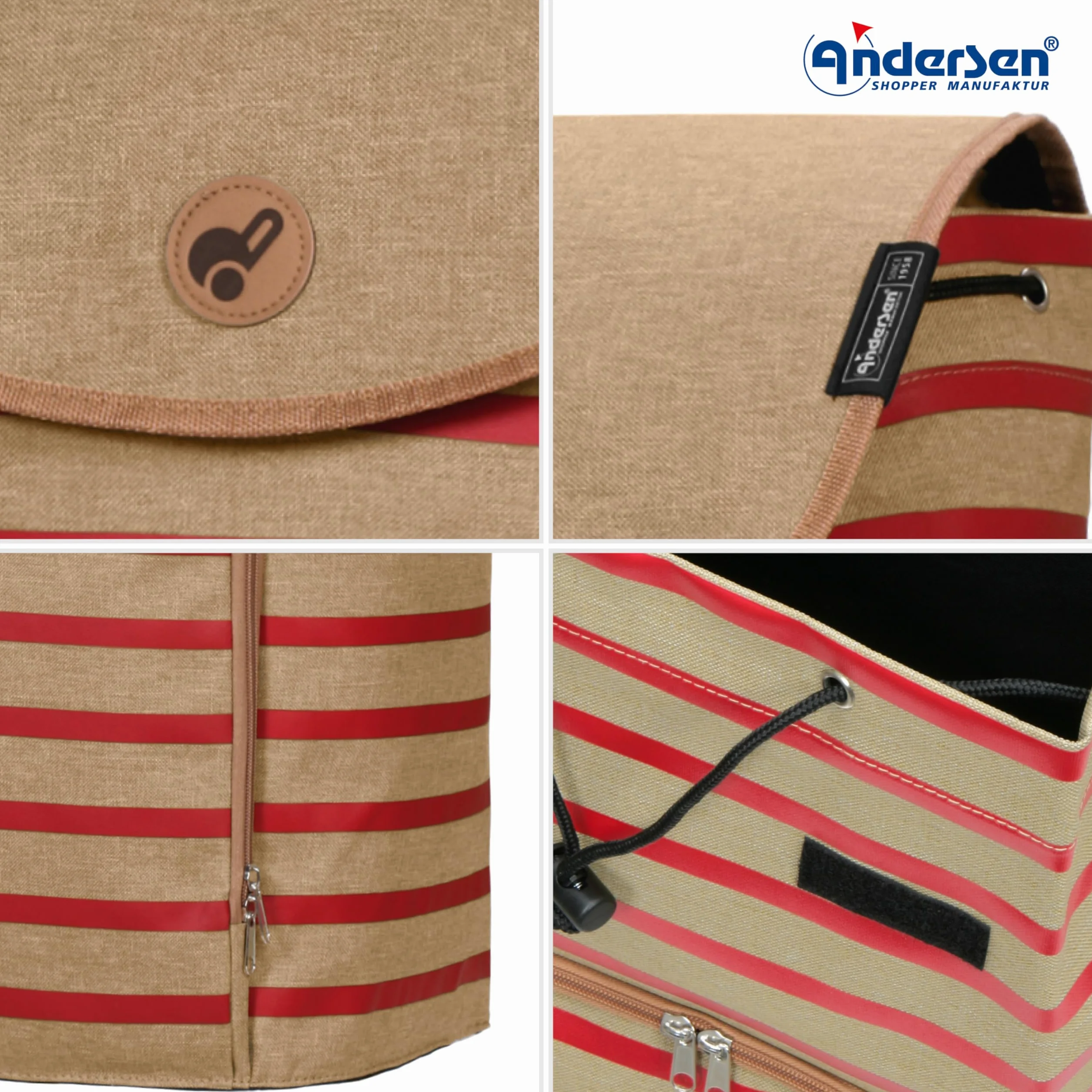 ANDERSEN Wózek na zakupy – Shopper Eske czerwony wózek ręczny 47 l, nowoczesny, zrównoważony, na zakupy, aluminium, ergonomiczny uchwyt, z regulacją wysokości, koło łożyska kulkowego