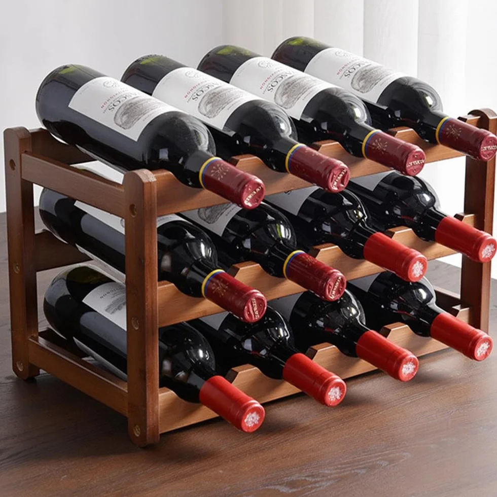 Stojak na wino Stojak na wino na stół, stojak na butelki wina 12 butelek regałów, bambusowy stojak na wino do szafki, kuchni, spiżarni, piwnicy, baru (trójwarstwowy)