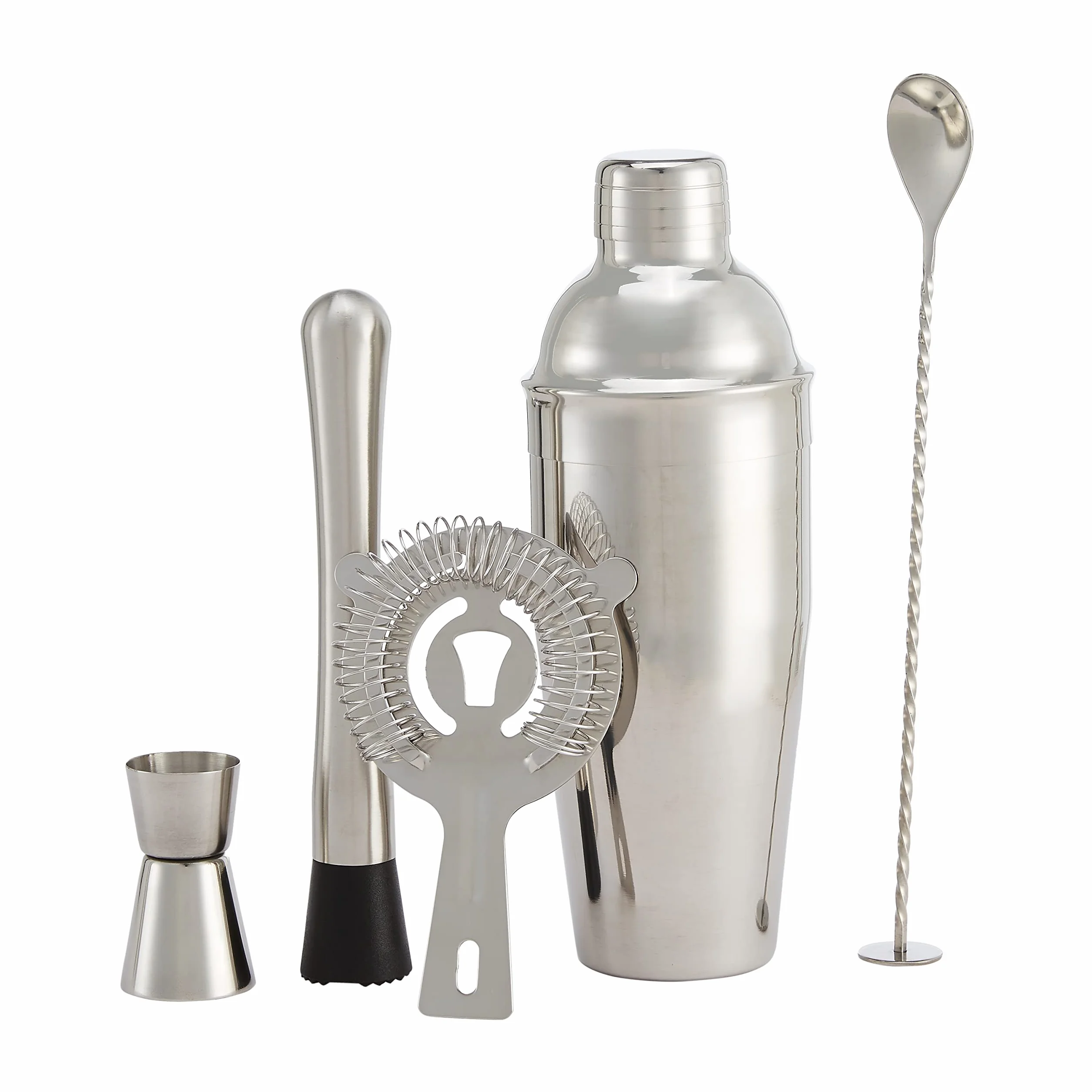 Amazon Basics zestaw sztućców barowych, shaker 710 ml, sitko, jigger i ubijak, 5 szt., stal nierdzewna