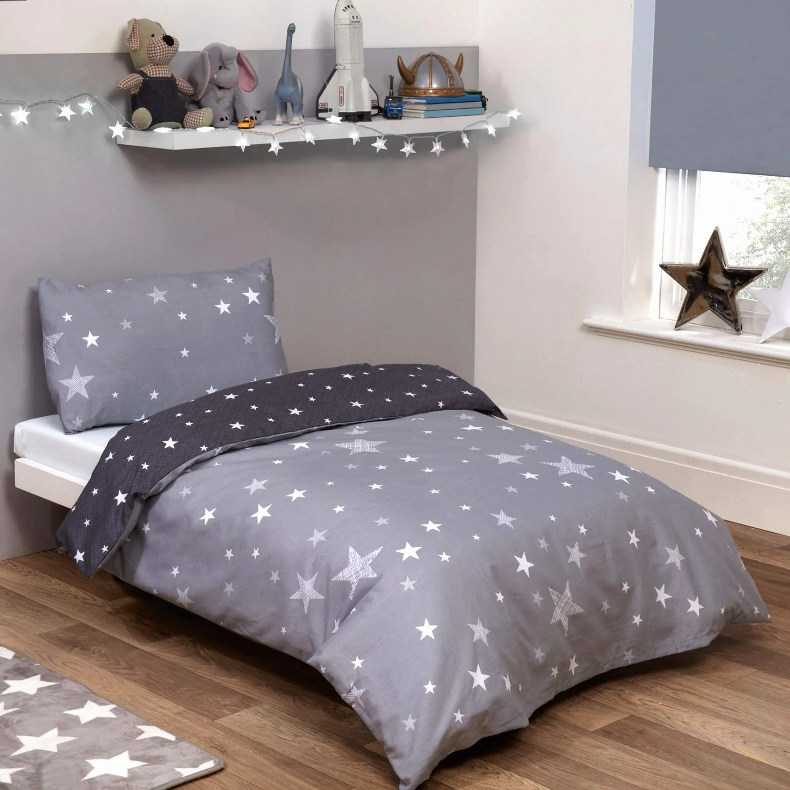 Dwustronna poszewka na kołdrę Dreamscene Galaxy Stars z poszewką na poduszkę dla dzieci, szary