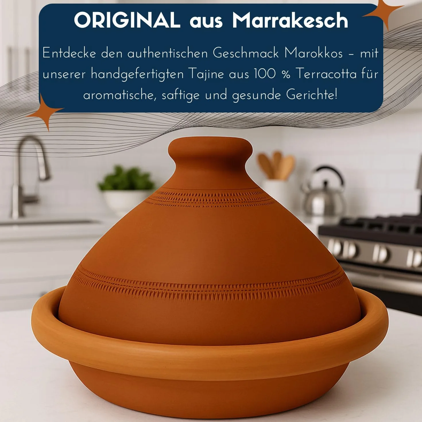 Tajine, z Maroka, w tym książka kucharska kuchni północnoafrykańskiej, gliniany garnek do gotowania, tuareg, ręcznie wykonany z Marrakeszu, wolny od szkodliwych substancji, terakota, Ø 30 cm, dla 4-5