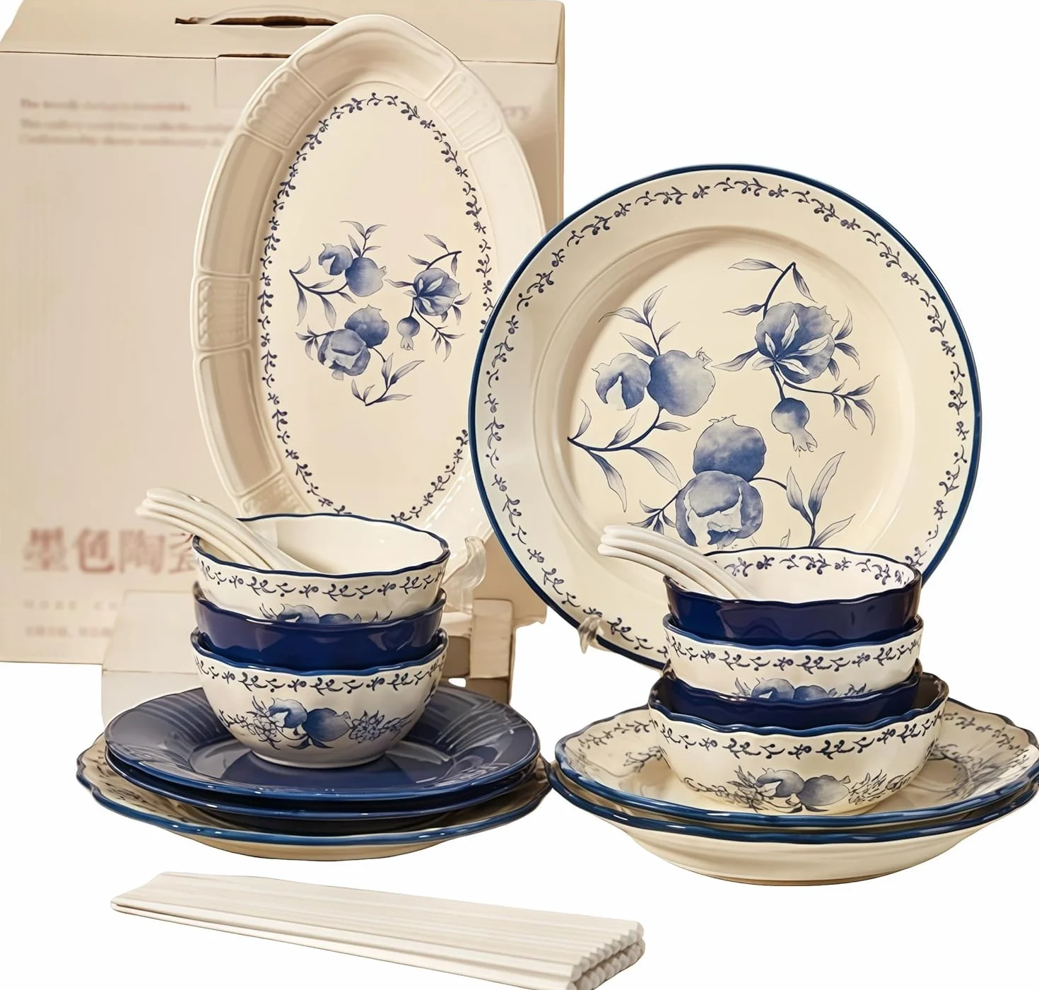 30-częściowy porcelanowy zestaw zastawy stołowej, kamionka i talerze ceramiczne miski garnek do zupy pałeczki, elegancka zastawa stołowa dla 6 osób, domowa jadalnia