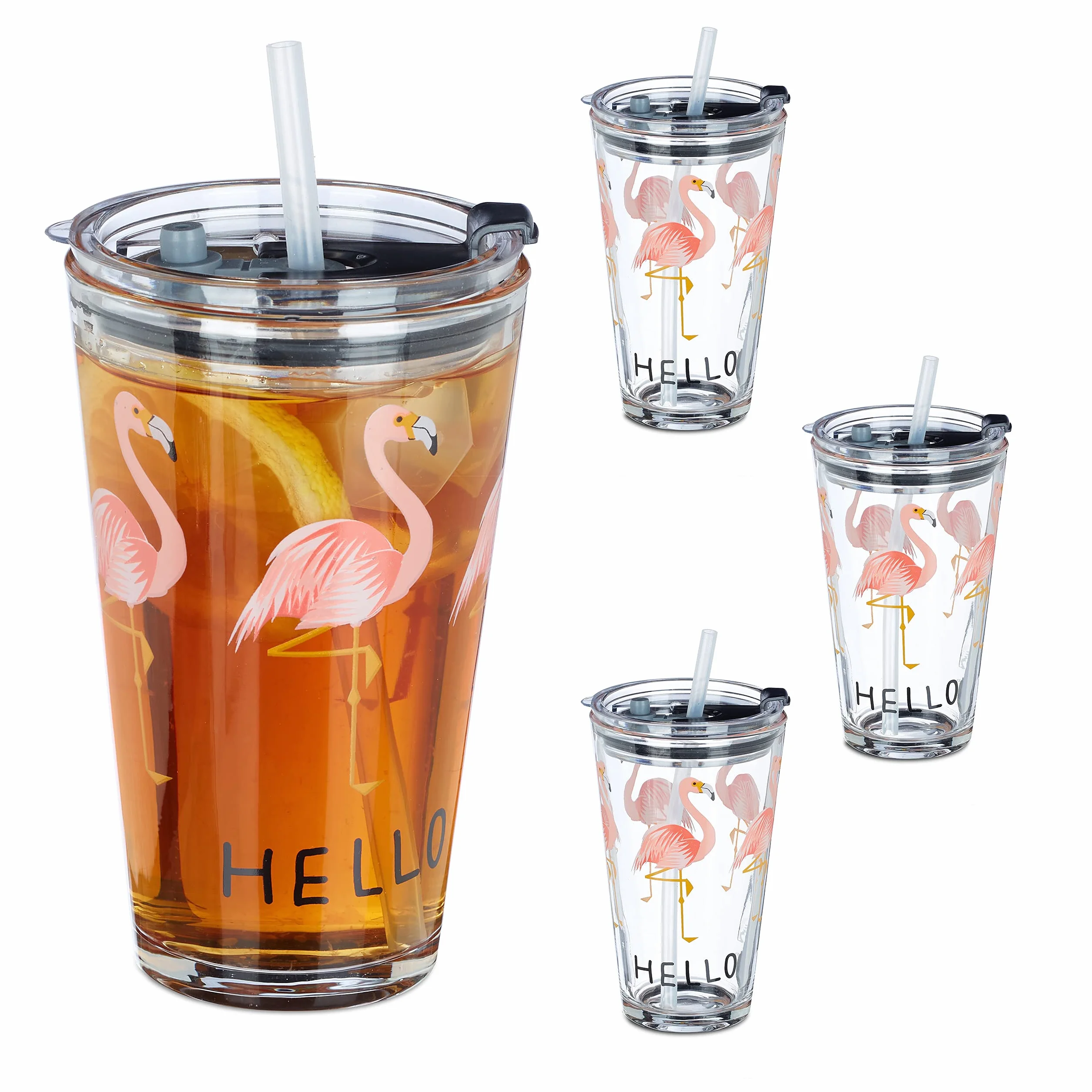 Relaxdays Szklane kubki z pokrywką i słomką, zestaw 4 szklanek do flaminga, 450 ml, nadają się do mycia w zmywarce, przezroczyste