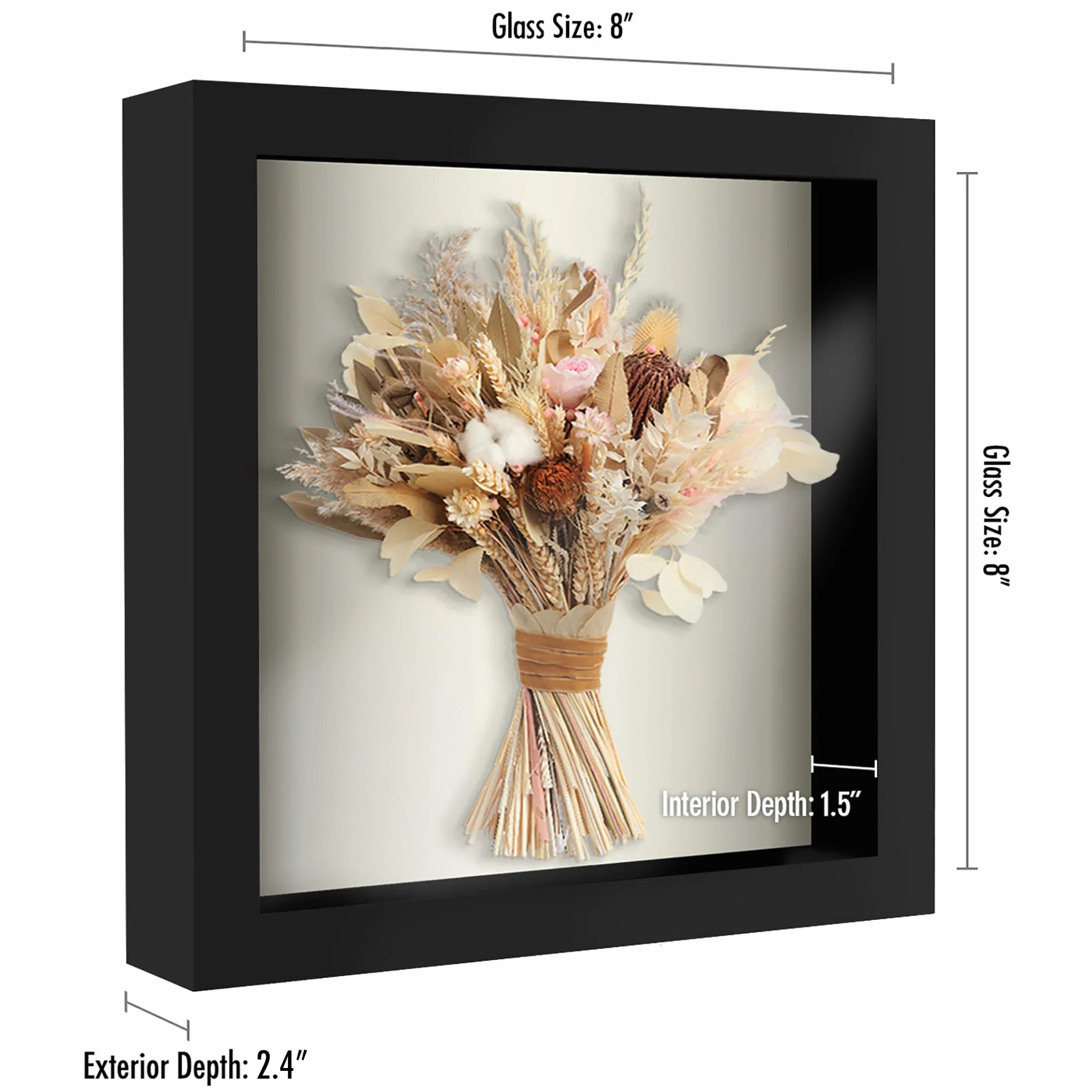 Americanflat Ramka Shadow Box 8 x 8 w kolorze czarnym z miękkim lnianym tyłem - drewno kompozytowe z odpornym na pęknięcia szkłem na ścianę i blat - 2 sztuki